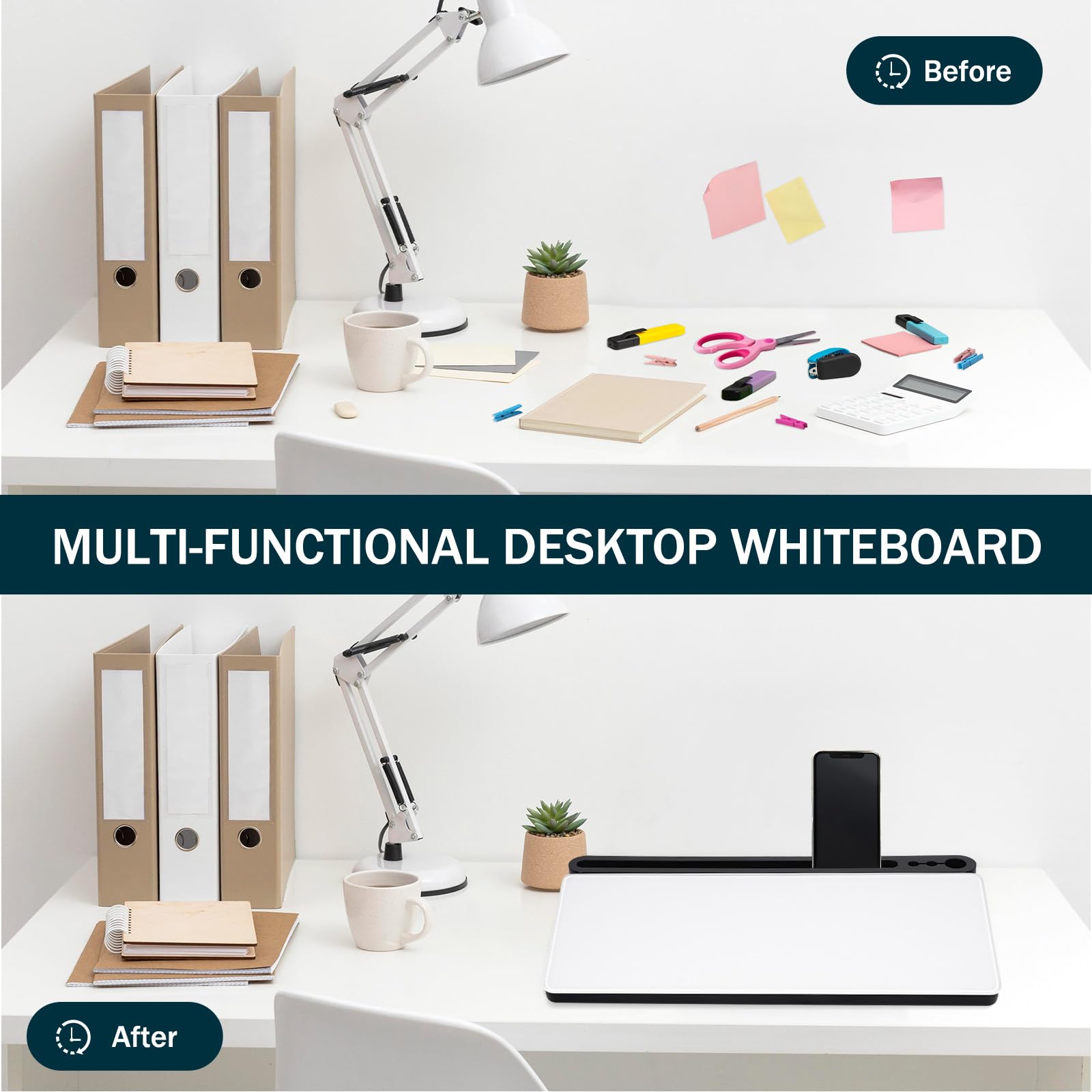 Petit tableau blanc de bureau en verre avec rangement, tableau blanc effaçable à sec avec tiroirs, support de clavier d'ordinateur, organiseur pour accessoires de bureau (blanc et noir)