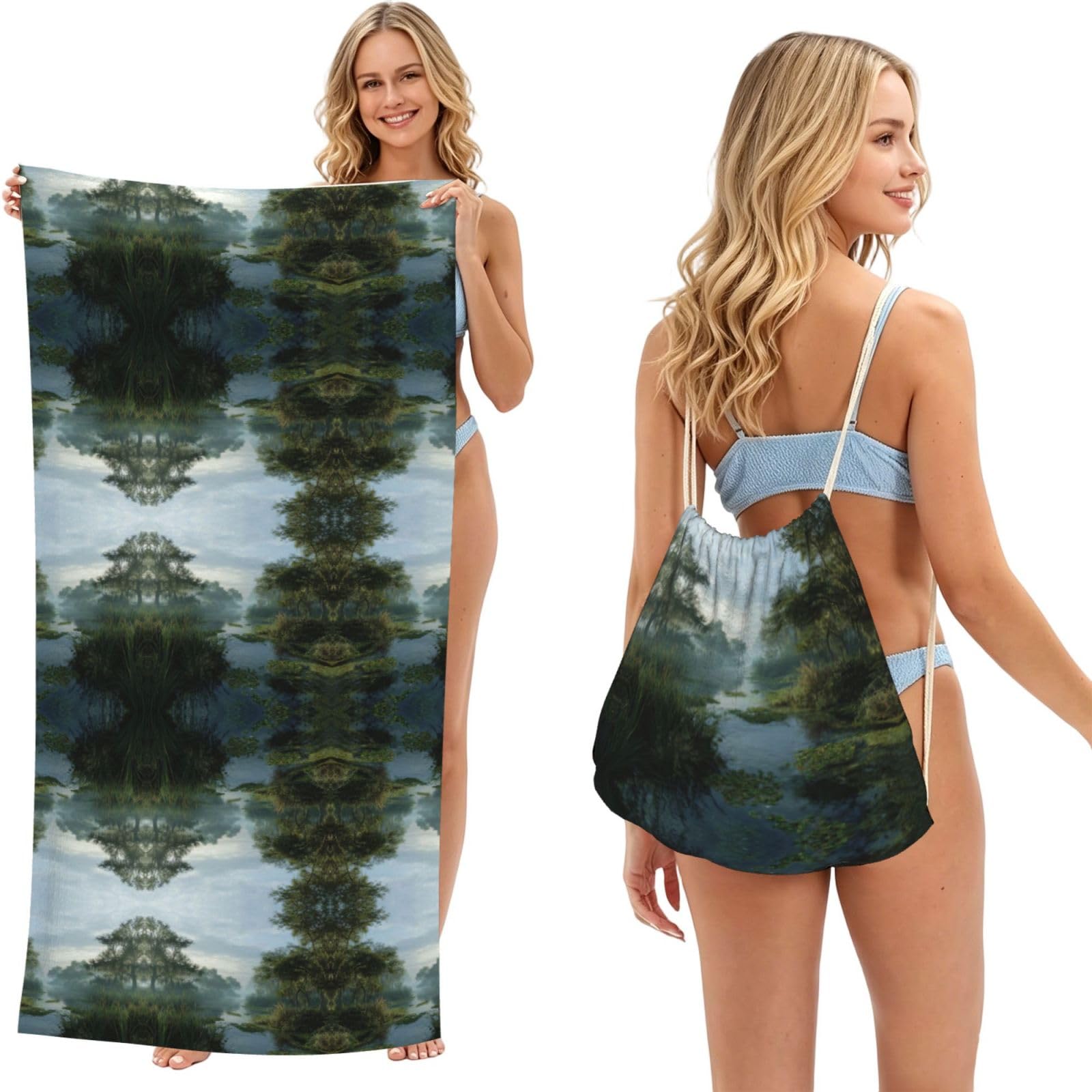 EZDLOWVBA Swamp Wetland Print Beach Towel Backpack 2 In 1 Summer Large Lightweight Beach Towel - Multifunctional Ship Pattern Towel Bag For Storage,Sport