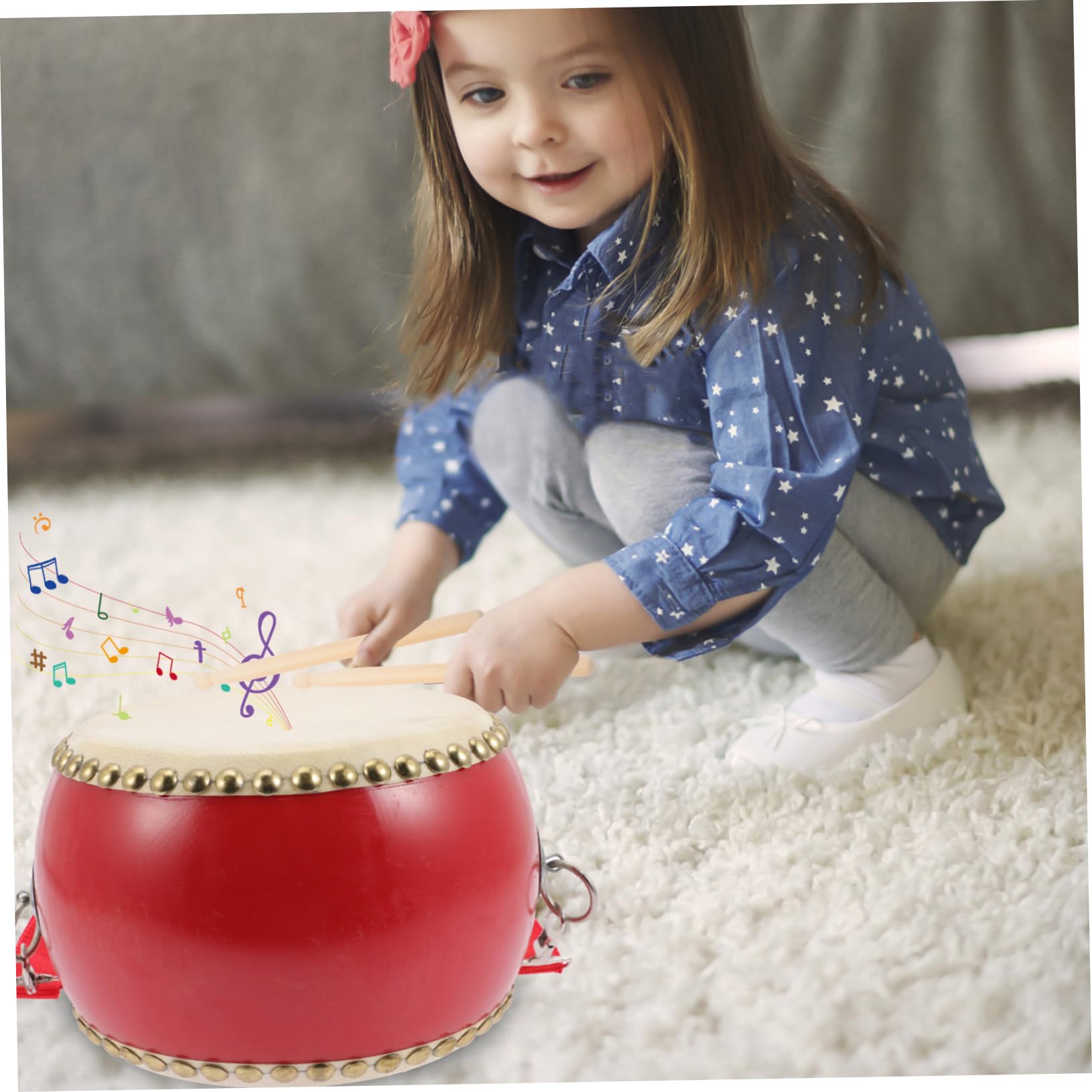 Tamburo Giocattolo in Pelle di Mucca in Legno Rosso | Strumento Percussione Musicale, per Feste di Celebrazione, per Bambini e Adulti