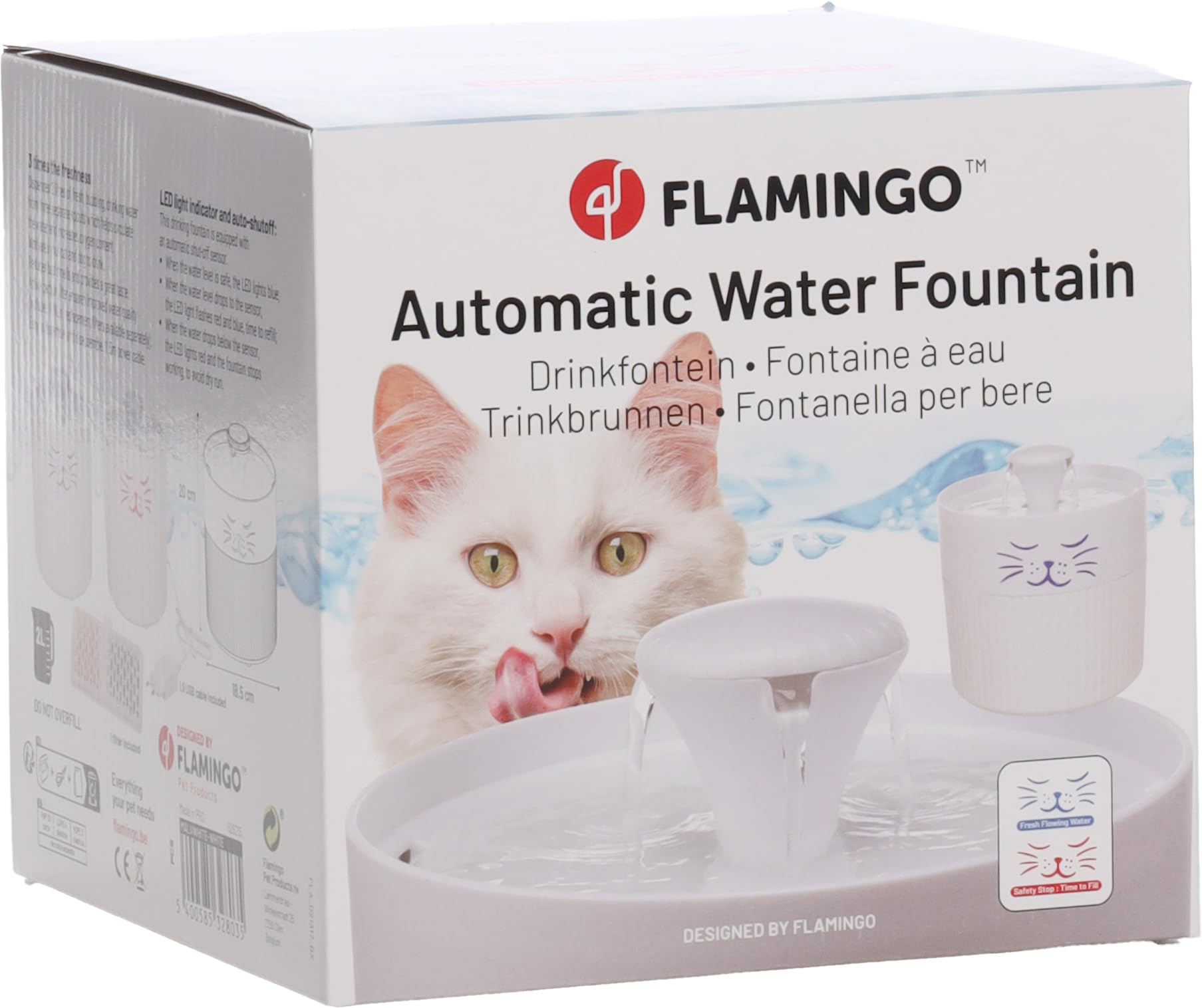 fontanella per gatti - Flamingo Mali rotonda bianco - design esclusivo - 2L - plastica - pompa super silenziosa con arresto automatico - filtro carbone attivo - indicatore luminoso - cavo USB 150 cm