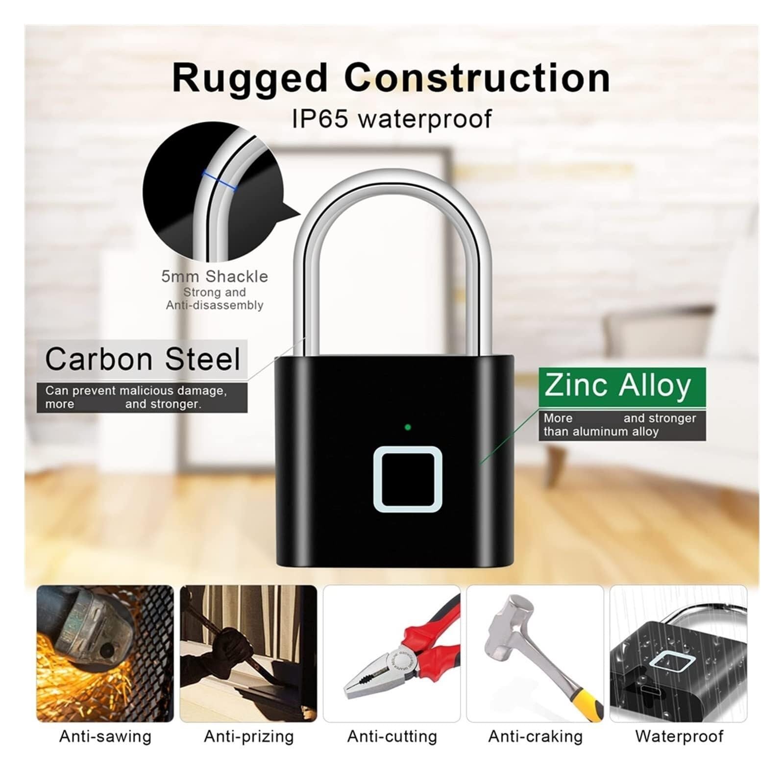 Candado sin llave con huella dactilar, La aplicación biométrica de la aleación del cinc del candado elegante recargable de la huella dactilar del USB desbloquea IP65 multicolor(Matte Black)