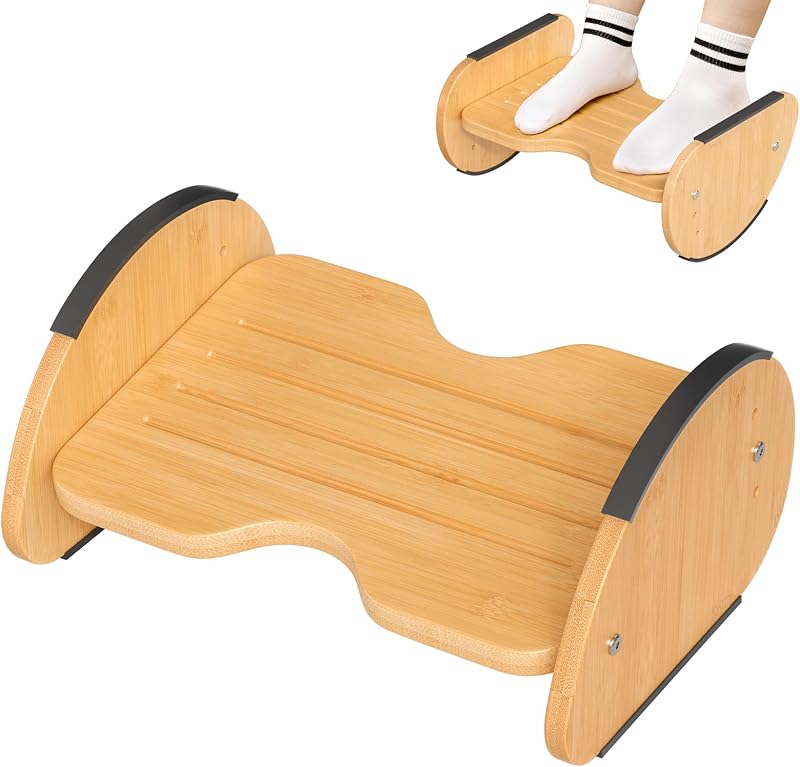 Bamboo Foot Rest for Under Desk at Work, 2-in-1 Reversible Rocking Footrest Adjustable Foot Stool, Ergonomic Footrest for Under Gaming Desk, Feet Support Leg Footstools for Home Office