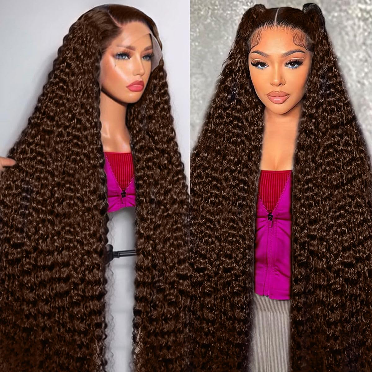 BJVT 30 Inch Chocolate Brown Deep Wave Lace Front Wigs Human Hair 210 Density 13x6 HD Lace Frontal Wigs Human Hair Pre Plucked Deep Curly Brown