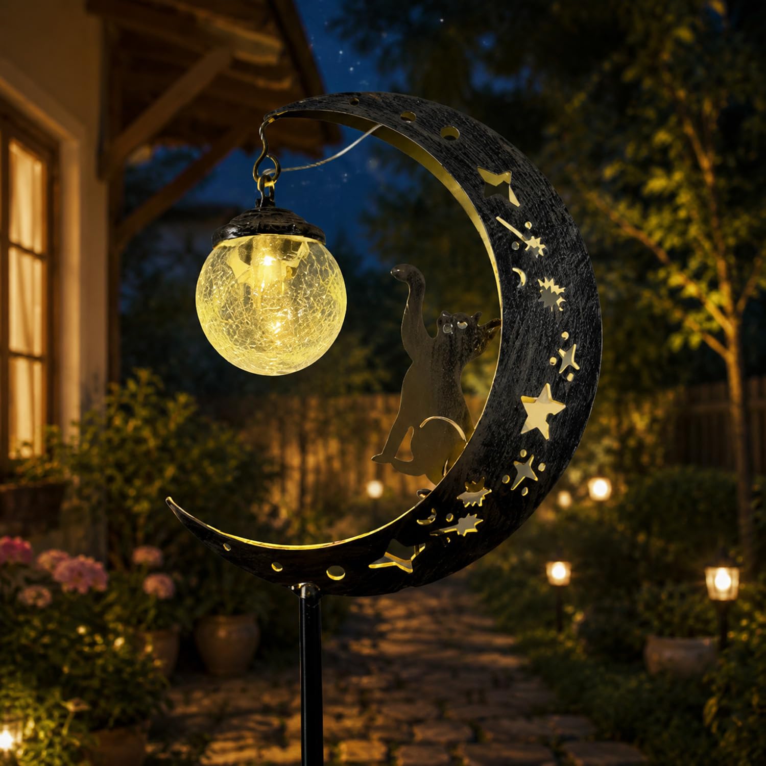 Hummingbird Moon Solar Garden Stake Light – Half Moon & Crackle Glass Outdoor Decor, Iron Hummingbird Solar Lights for Yard, Patio & Lawn, Auto On/Off Waterproof Pathway Light (Kitten Design)
