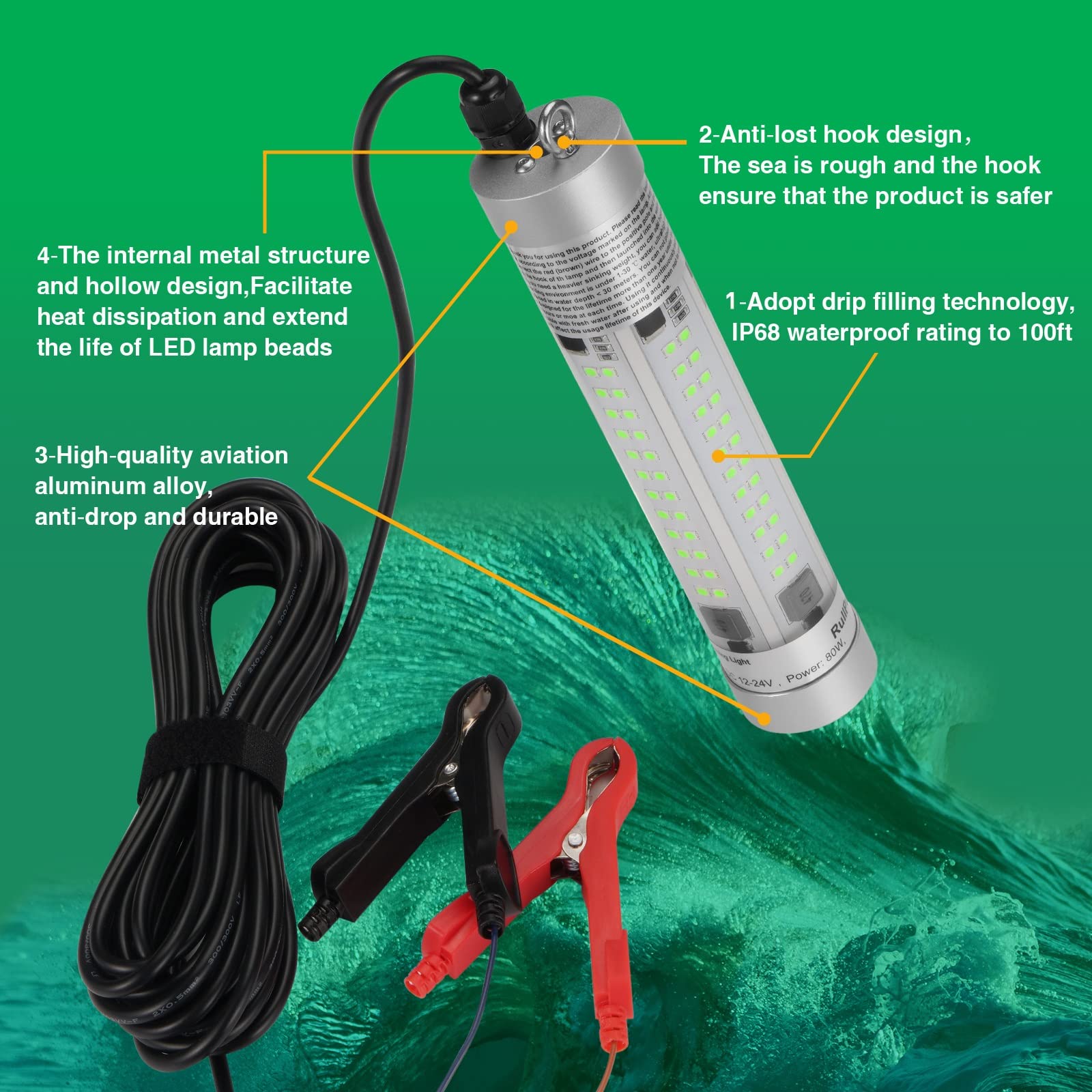 Luz de pesca submarina superbrillante de 80W 9600 lúmenes, impermeable IP68, alliage d'aluminium durable, para pesca nocturna, señuelo y cebo para barco, kayak y muelle (luz verde)