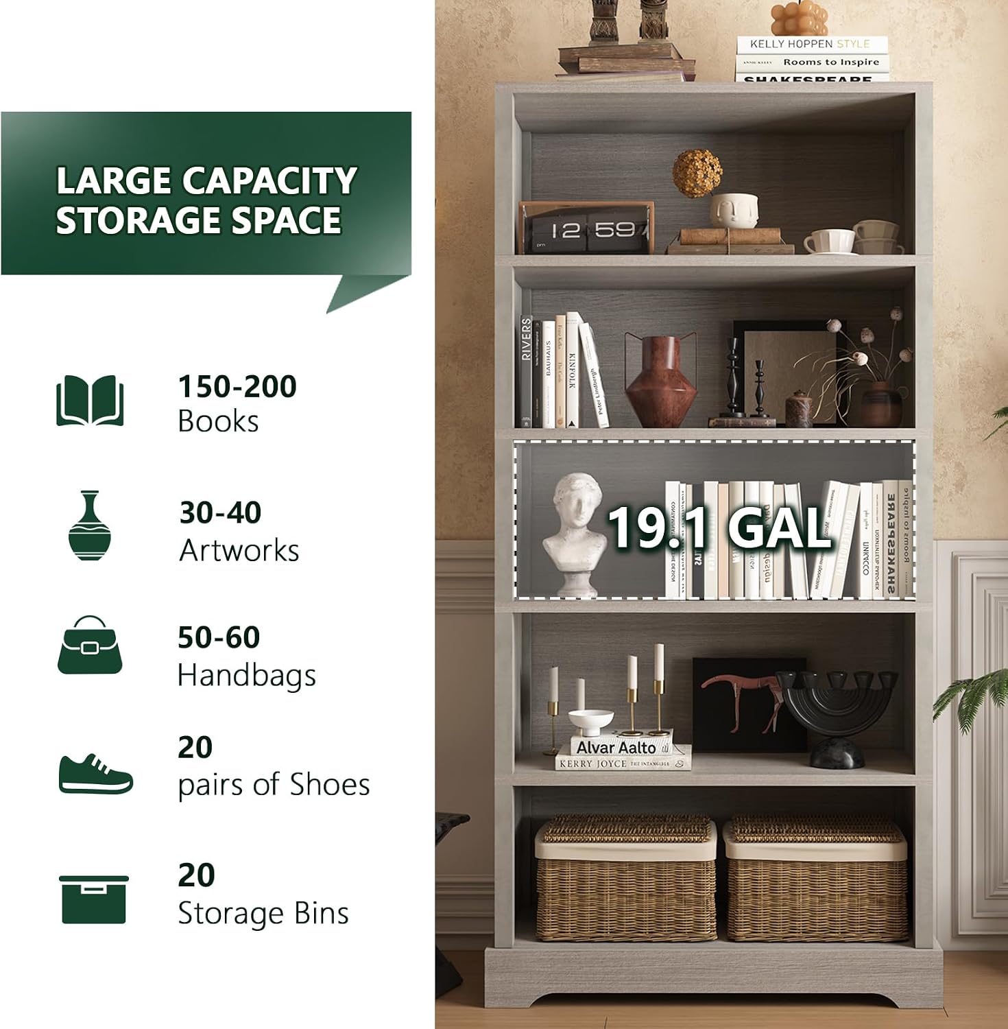  5-Tier Wooden Bookshelf, 65" Tall Farmhouse Style Open Bookcase, 31.5" W Standing Book Shelf with Storage, Suitable for Study, Living Room, Office, Grey thumbnail