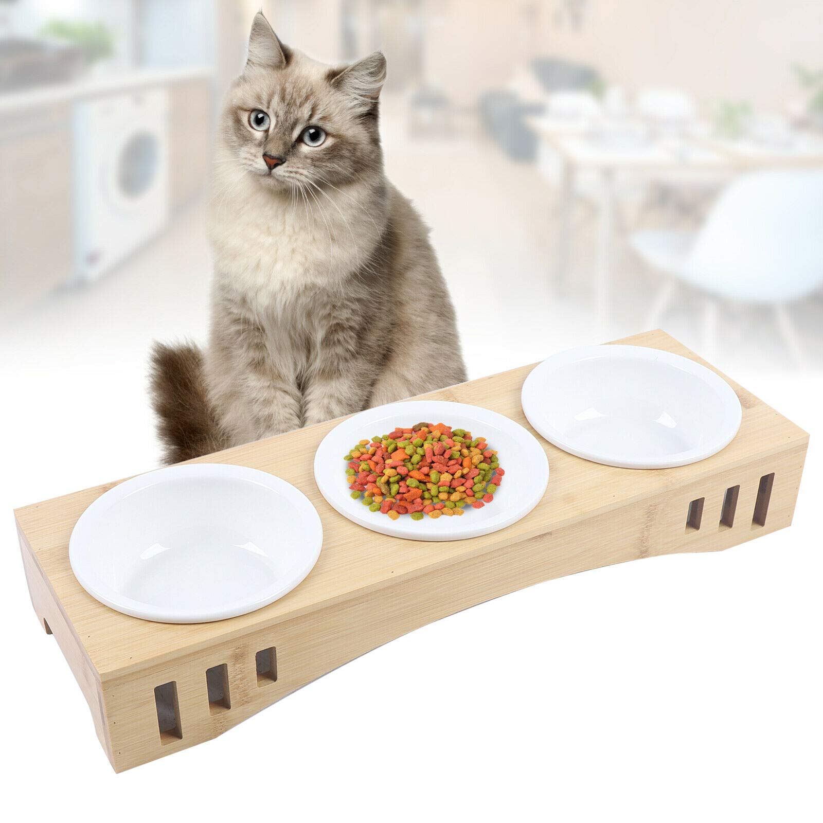 14 cm, comedero para gatos, comedero de cerámica, soporte de bambú, comedero para perros, gatos, 3 x 400 ml con comida y agua para gatos y cachorros