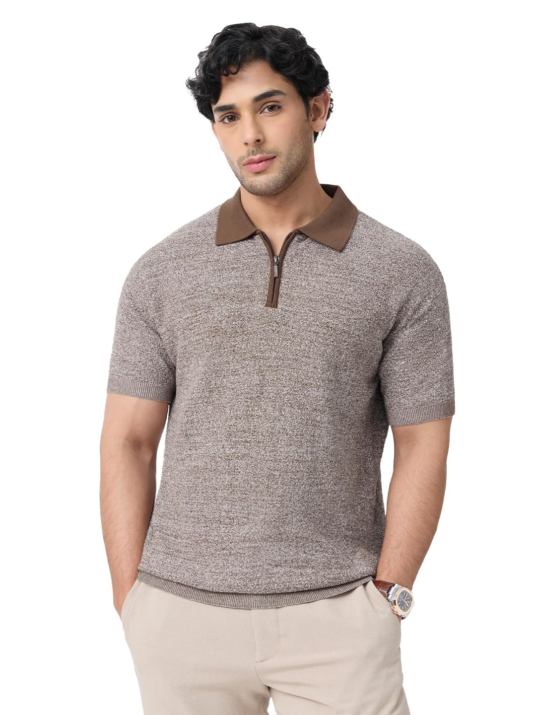 jacquard polo: neptune men and boys short sleeve spread collar brown and off white textured jacquard 100% cotton oversized zipper placket lightweight everyday polos