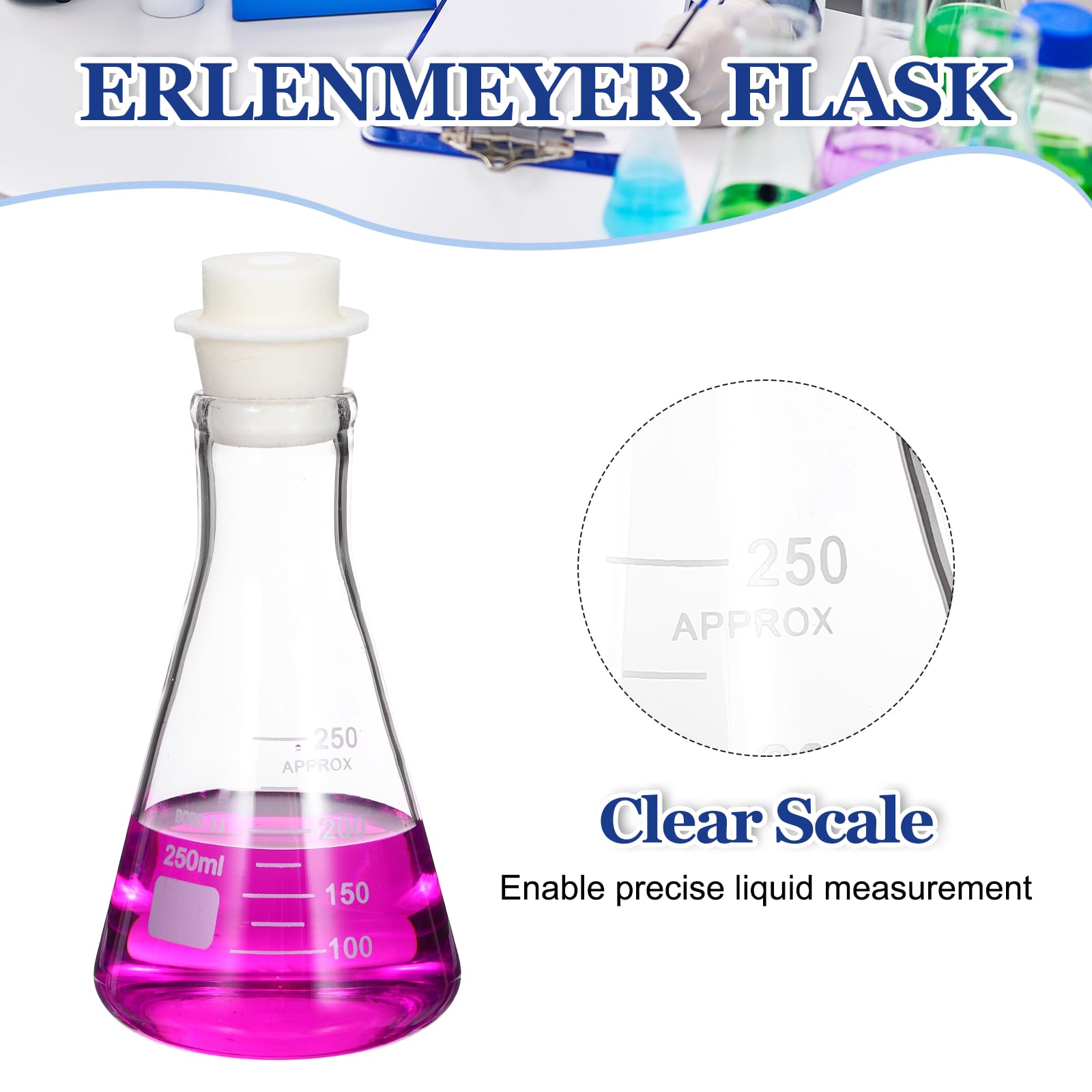 PATIKIL PATIKIL 250ml 8.5oz Matraz Erlenmeyer De De Vidrio De Silicona Arena 2 Pcs|Boca Estrecha Matraz Cónico Borosilicato 3.3 Con Tapón Núcleo De Matraces Graduados Con Escala Impresa