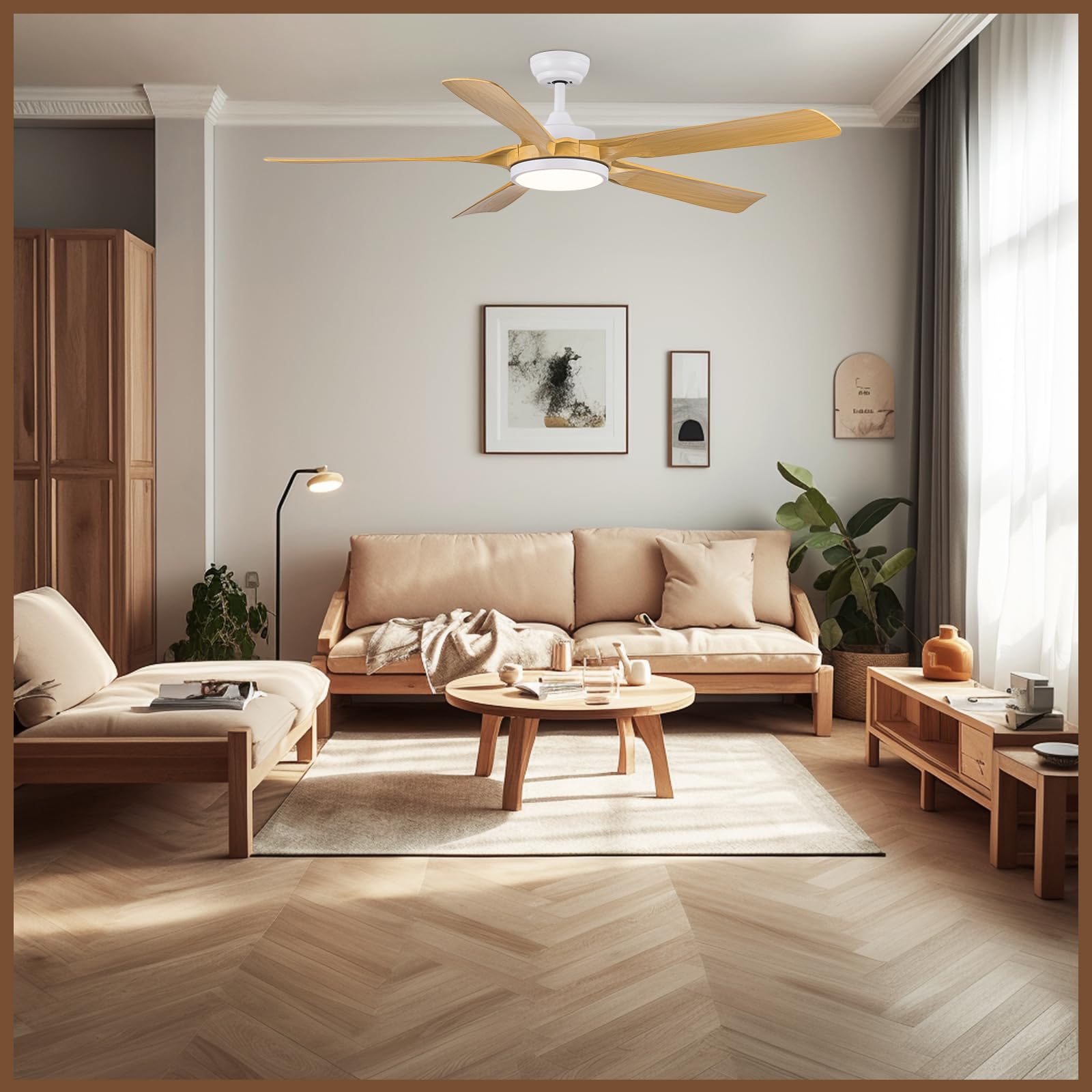 Newday Ventilatore da Soffitto Colore Legno, 142cm Ventilatore da Soffitto con Luce e Telecomando Grande, Pala Soffitto con Luce Dimmerabile, Ventola Soffitto Silenzioso con 5 Pale per Soggiorno