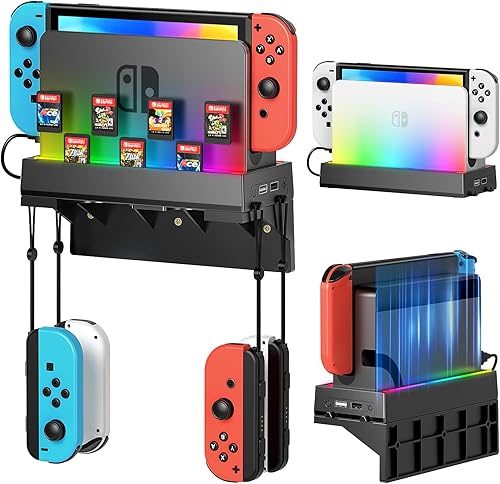 Kit de montaje en pared para Nintendo Switch y OLED, soporte de consola de muelle de interruptor, accesorios de interruptor con 7 modos de luz, 7