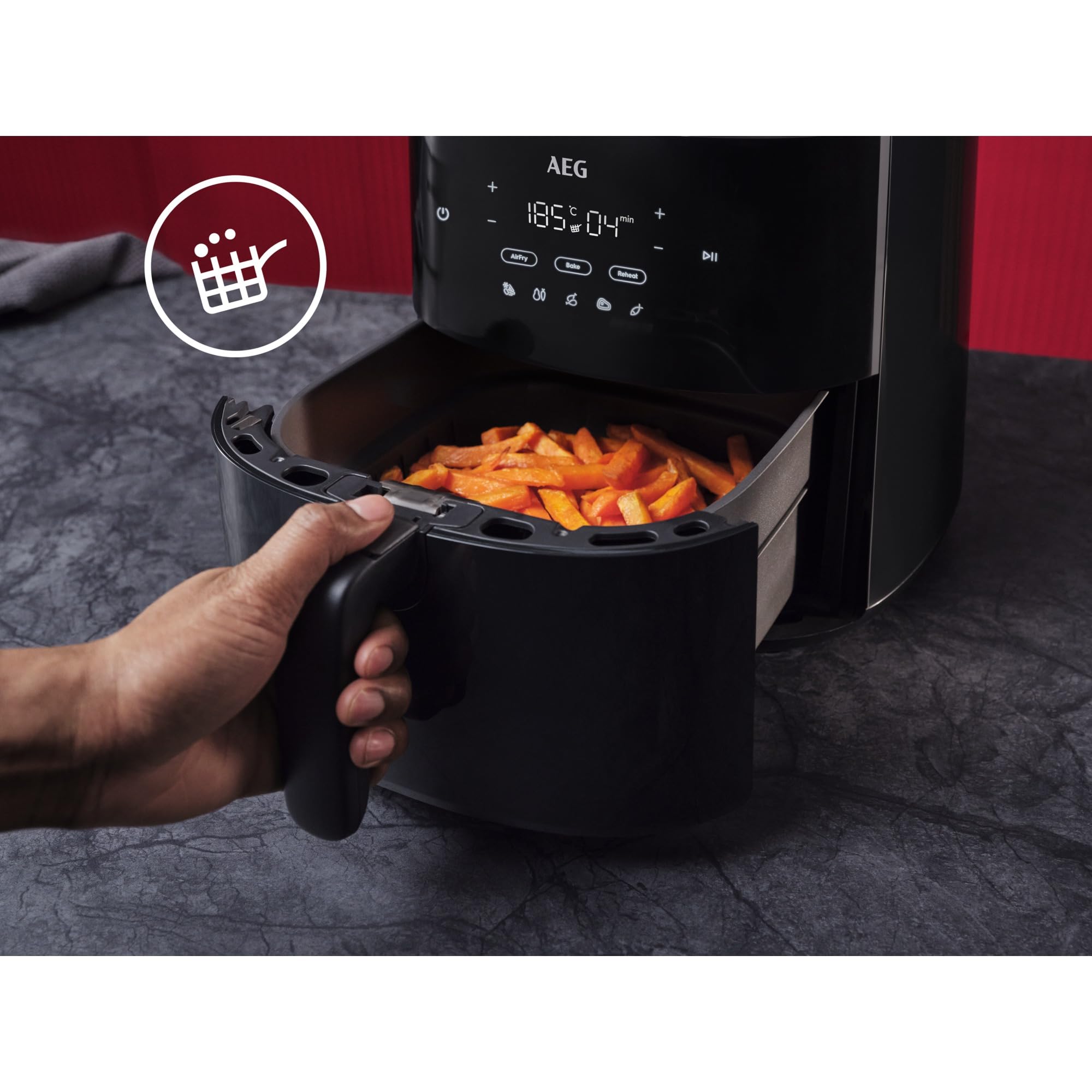 AEG AAF3B IF Design Award 2024 Friteuse à air chaud, peu ou pas d'huile, 8 programmables, fonction de préchauffage, 3,3 l, passe au lave-vaisselle, protection contre la chaleur, invite réversible