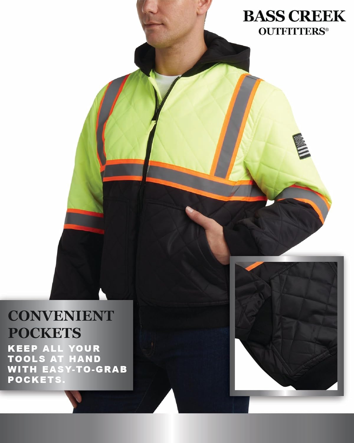 Bass Creek Outfitters Mens High Visibility Jacket - Quilted Hi Vis Bomber Safety Work Jackets for Men with Fleece Hood