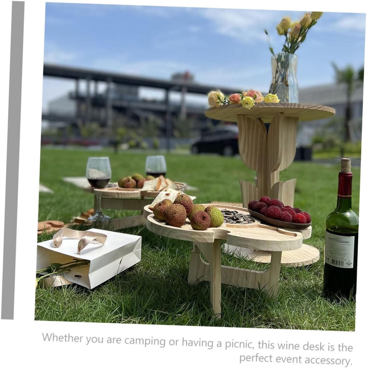 VICASKY Portable Wooden Folding Picnic Wine Table 35cm Diameter Petal Shape Outdoor Camping BBQ Portable Table for Beach and Garden