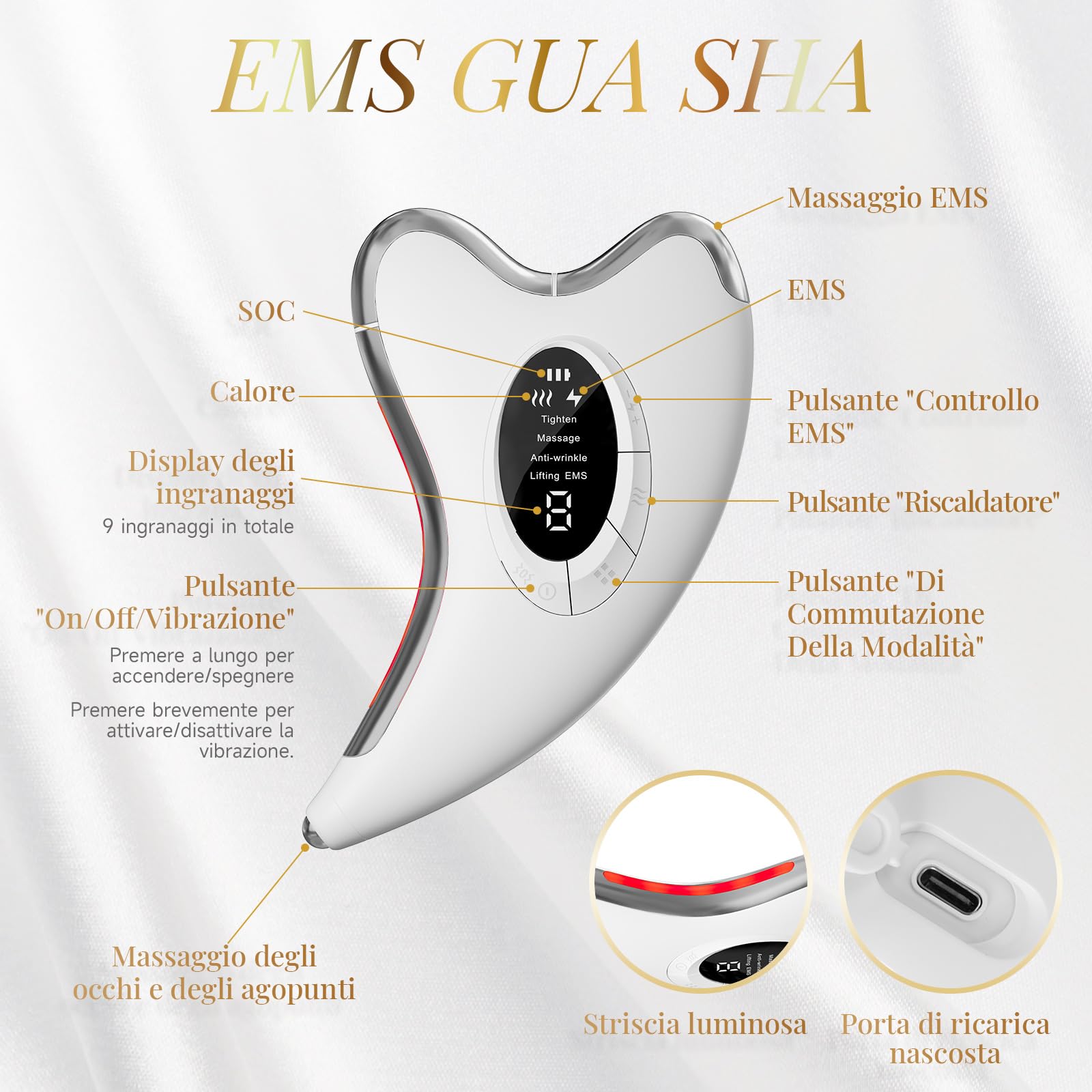 Profey EMS Gua Sha Massaggiatore Viso 45℃ Wärme Vibration Lifting 9 Livelli Intensità 4 Modalità LED Rosso Giallo Blu Anti-Aging