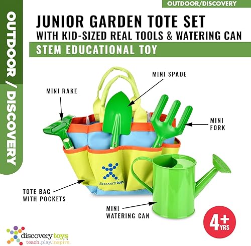 Miniatura 2 de Discovery Toys Juego de herramientas de jardín para niños, 5 piezas, herramientas de metal real de tamaño infantil con asas de madera, regadera,