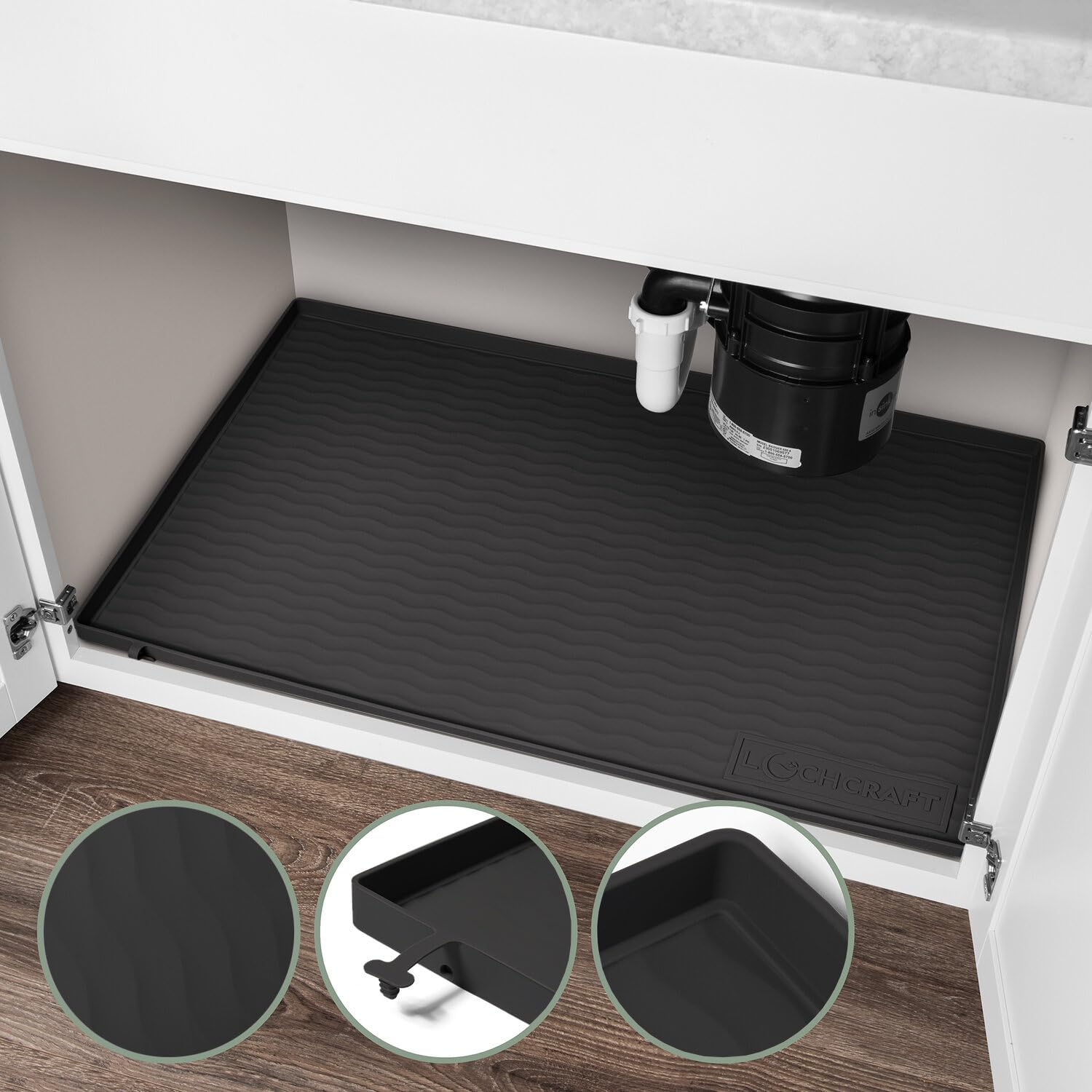 LochCraft - Heavy Duty Under Sink Mat - Thicker Design, Patented Drain, BPA Free - Under Sink Mats for Kitchen Waterproof - Ideal Under the Sink Mat Waterproof Solution - 34 x 22 Inches - (Black)