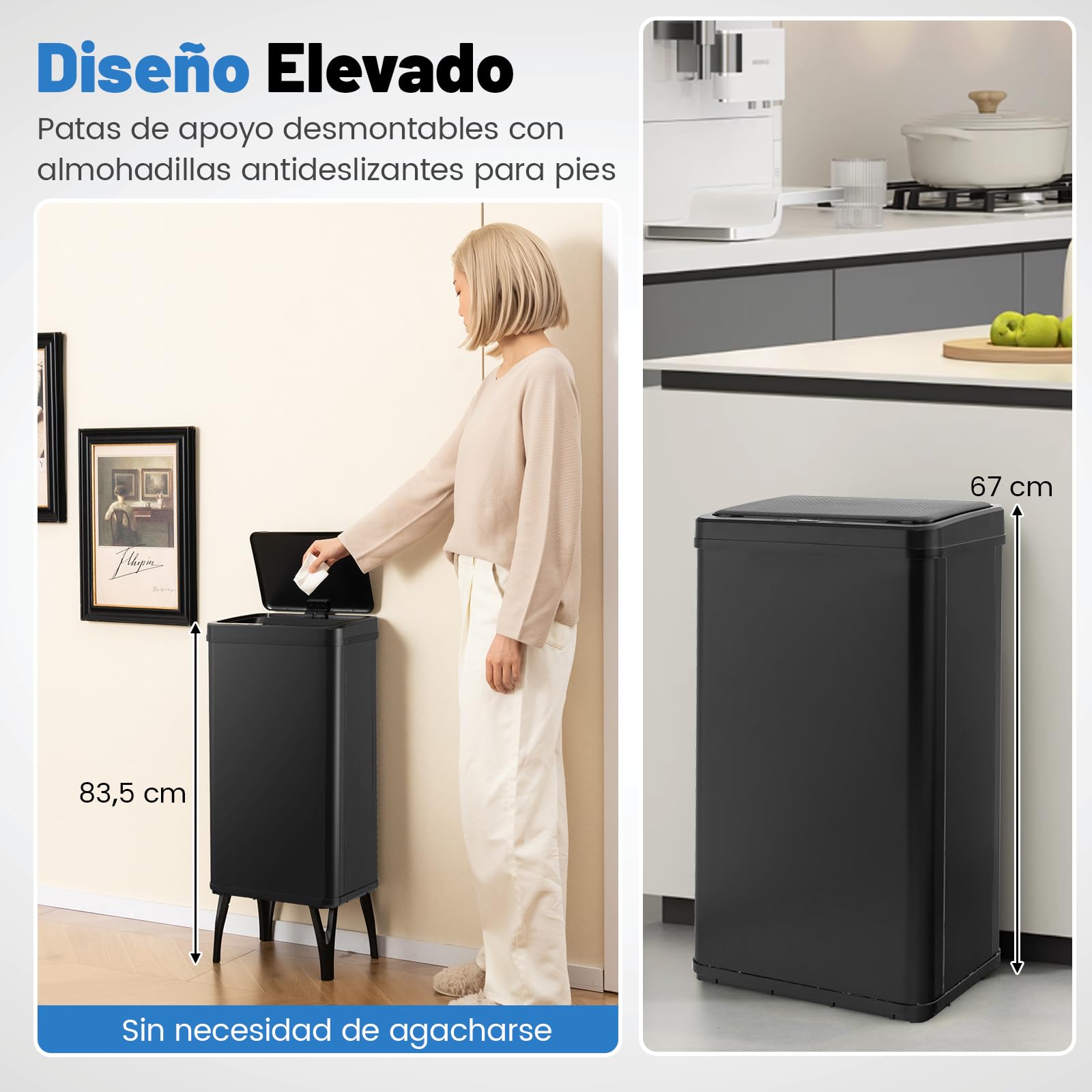 COSTWAY Cubo de Basura Cocina 50 L, Papelera Cocina Inteligente con Sensor de Movimiento Automático, Patas Desmontables, Cubo Basura de Metal de Diseño Elevado, para Cocina, Oficina (Negro)