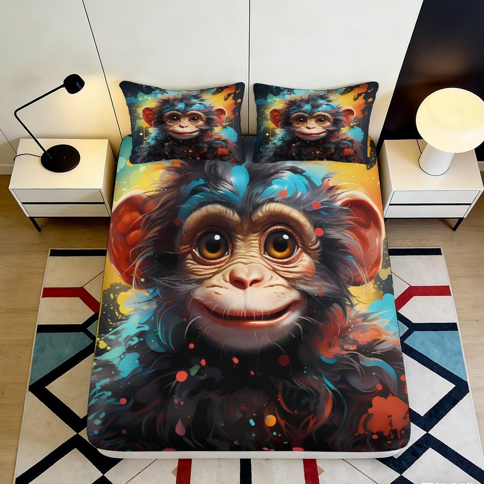 Jqzkxnhpbr Style-1 3D Printed Cartoon Monkey Fitted Sheet Microfiber Colourful Animal Pattern Mattress Cover For Bedroom Dorm Decor 90X200x25cm