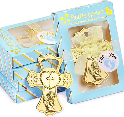 GUDELAK 24 piezas de abrebotellas para baby shower, regalos de bautismo para invitados que rezan católicos, decoraciones de revelación de género,