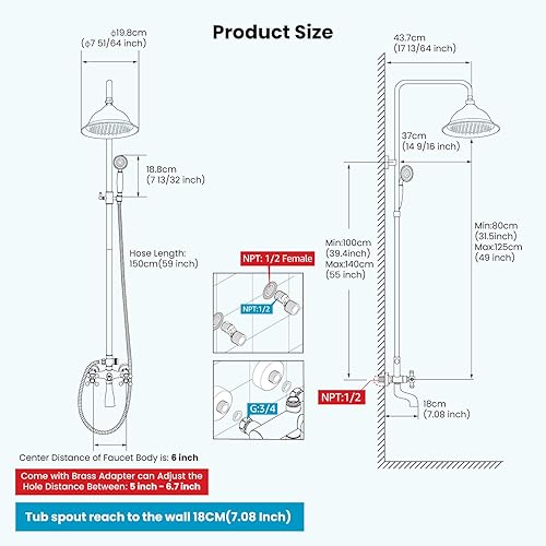 Miniatura 6 de gotonovo Sistema de ducha de latón antiguo, cabezal de ducha de lluvia de 8 pulgadas con boquilla de bañera y rociador de mano, mango cruzado doble,