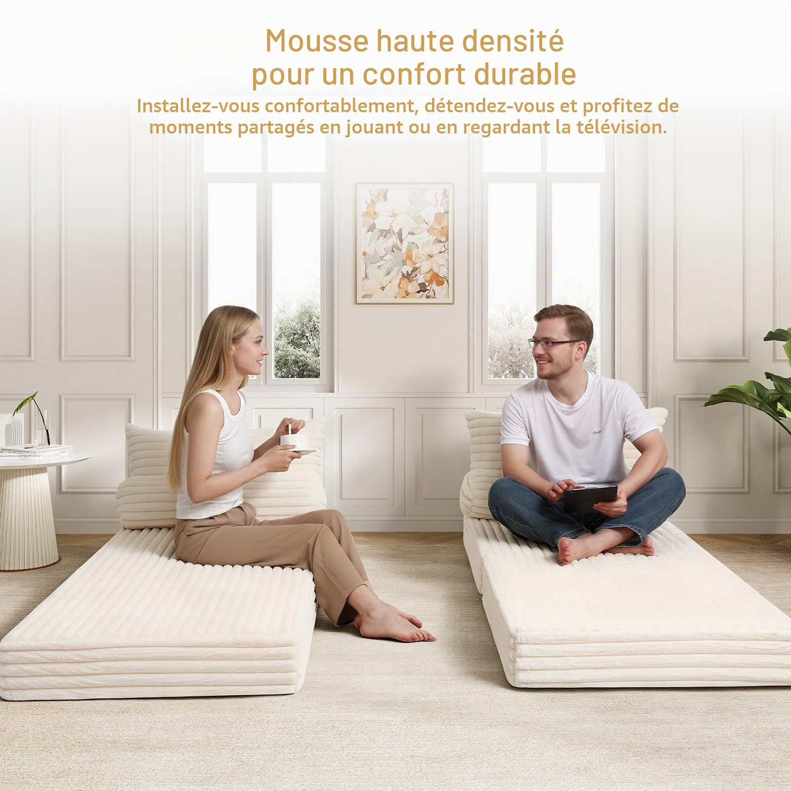 MeMoreCool Canapé-lit futon pliable avec coussin, beige