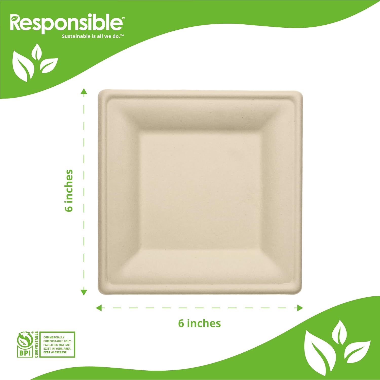 Responsible Products 100% Compostable 6 Inch Square Paper Plates Brown (1000 Pack), Disposable Paper Plates Heavy Duty, Biodegradable & Eco-Friendly, Made from Sugarcane ＆ Bamboo Fibers