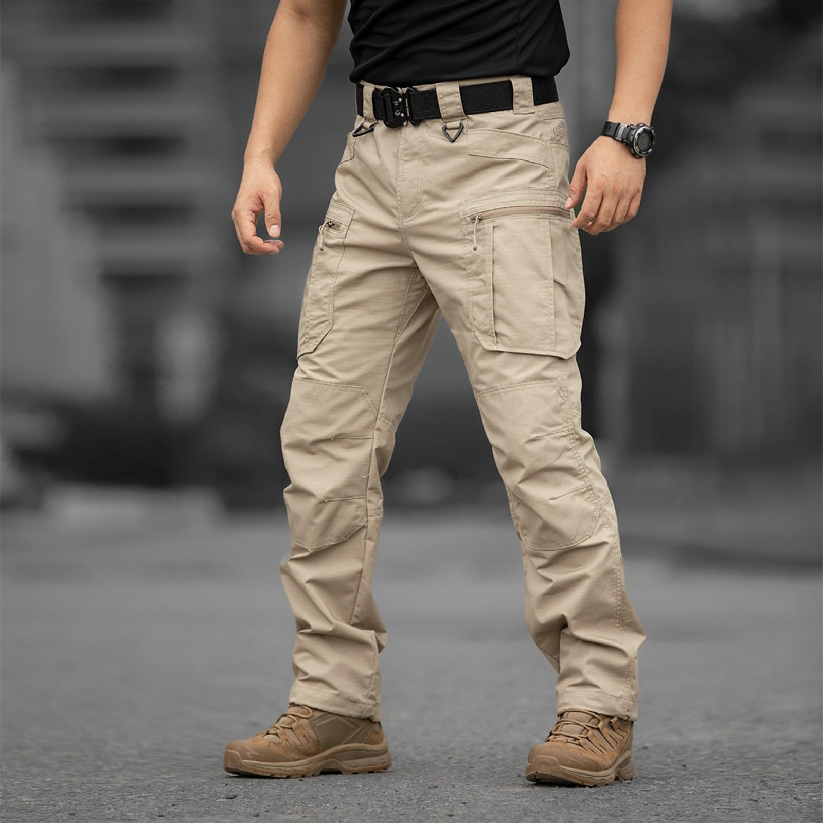 Pantaloni tattici da uomo, in tinta unita, per attività all'aperto, impermeabili, traspiranti, con tasche, slim fit, ad asciugatura rapida, pantaloni da lavoro