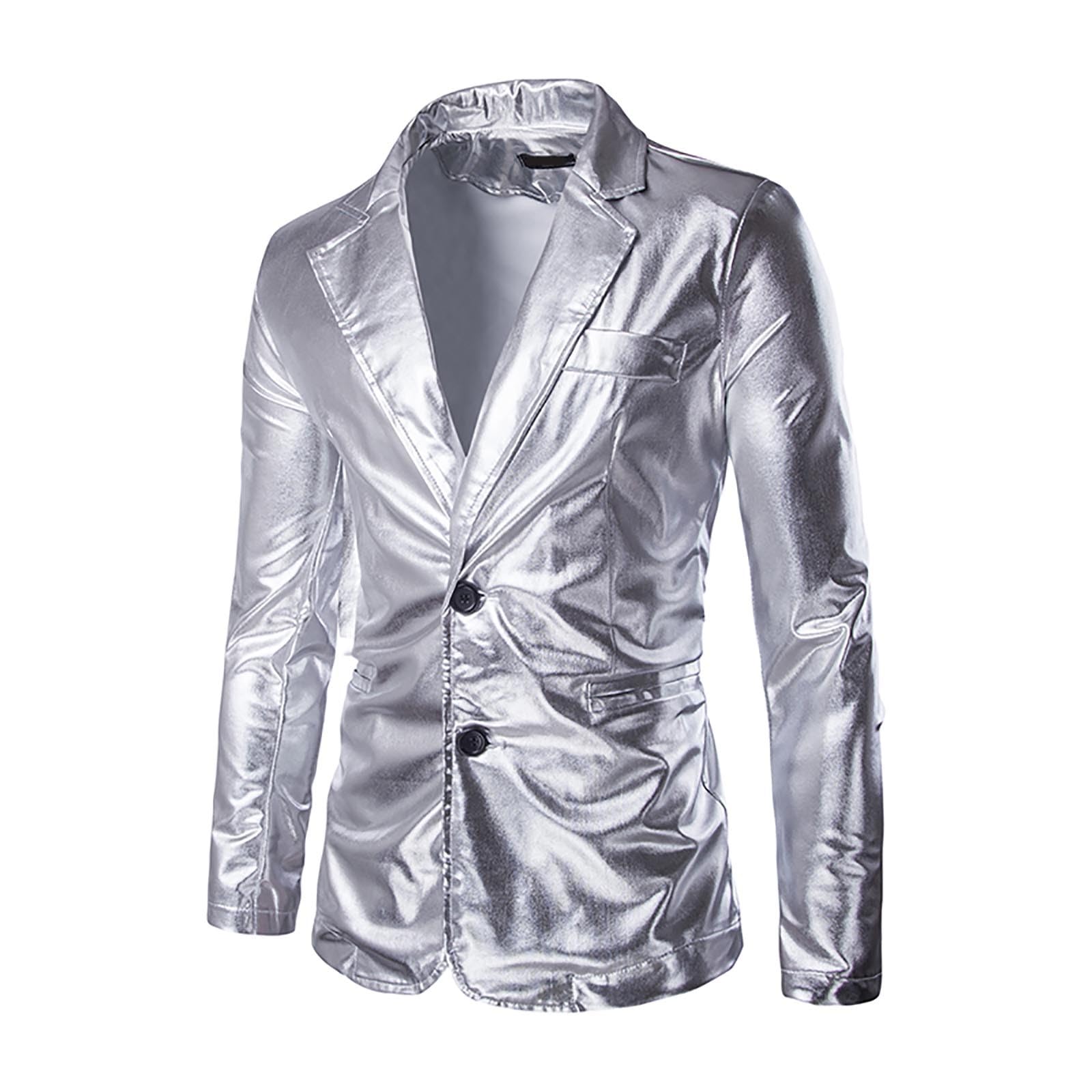 Costume de smoking 2 pièces pour homme - Coupe ajustée - Veste de mariage - Pantalon pour fête disco - Argenté brillant - Tenue de loisirs - Coupe ajustée - 2 pièces - Avec veste de costume et