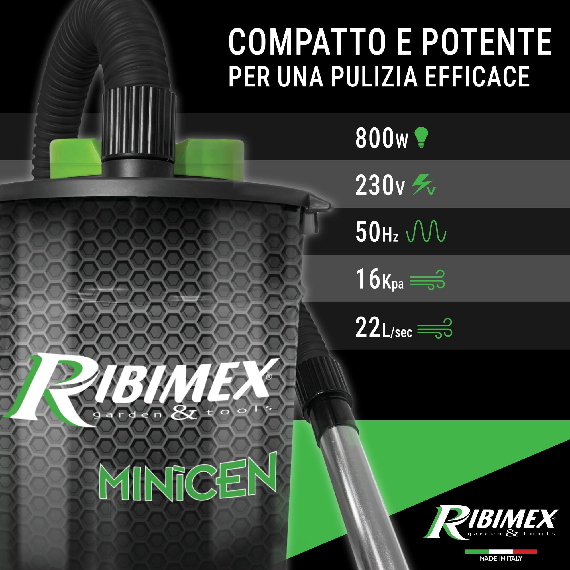 Ribimex Aspiracenere Elettrico Minicen Speciale Pellet, con Filtro HEPA Lavabile, Bidone da 10 L, Potenza 800 W, Ideale per Aspirare Ceneri Fredde da Stufe a Pellet, Accessori Inclusi - PRCEN011/KIT