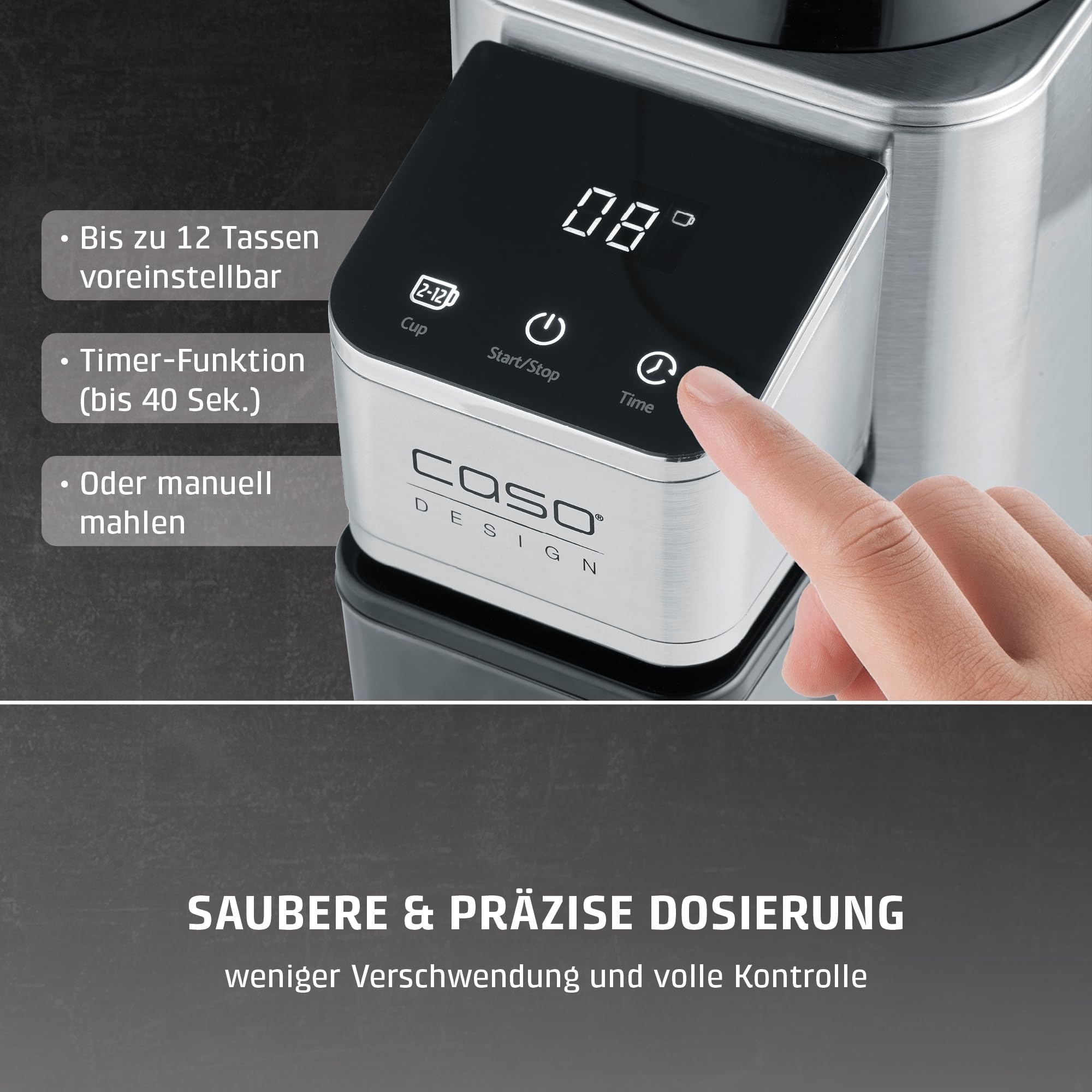 CASO BaristaChef Inox - elektrische Kaffeemühle, Testurteil: Sehr Gut, Edelstahl-Kegelmahlwerk, mit Siebträgerhalterung, 48 präzise Mahlgradstufen