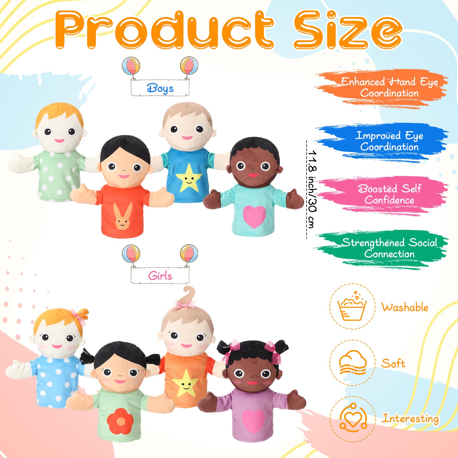 Jenaai Multikulturelles Handpuppen-Set für Kinder, 30 cm, afrikanische asiatische europäische Kinder, Plüsch-Handpuppen für Jungen, Mädchen, Haus, Schule, Theater, Shows, Geschichtenerzählen