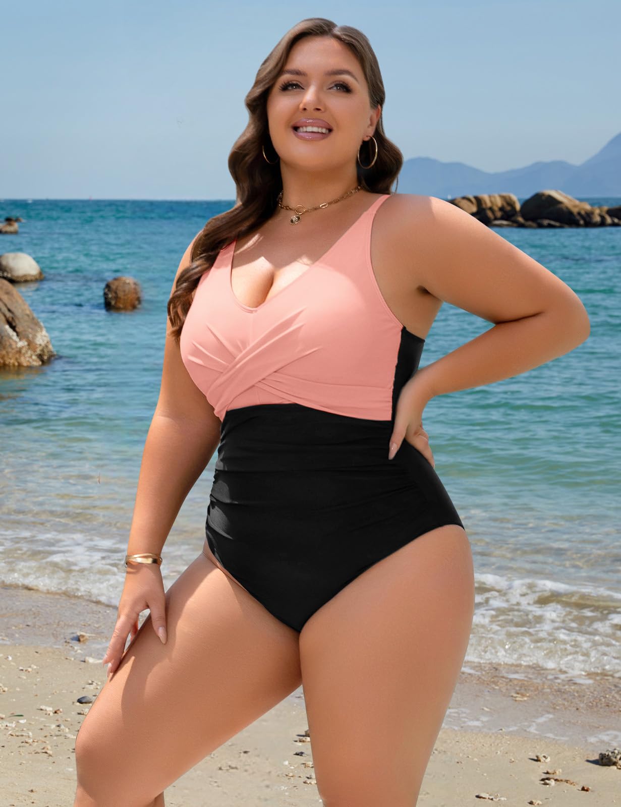 Maillot de Bain Grande Taille Femme 1 Piece Ventre Plat Swimsuit Sexy Col en V Maillot de Bain Réglable Push Up Rembourré Grosses Poitrines Monokini L-4XL