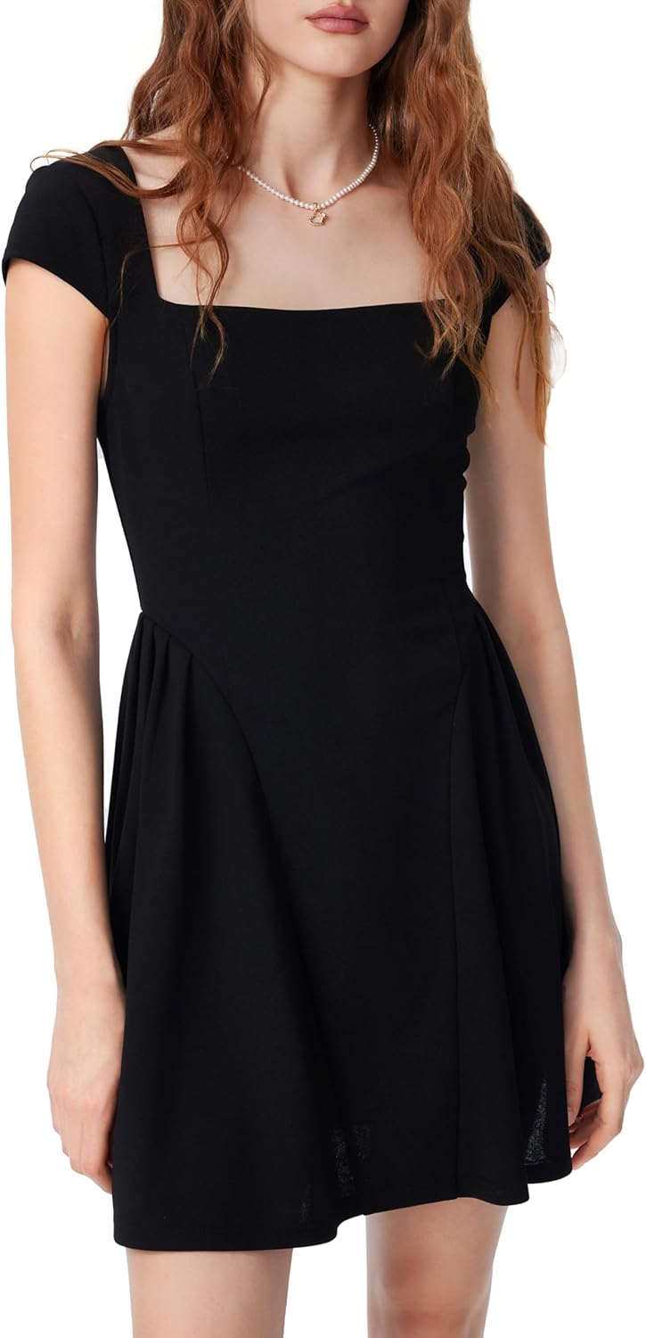 CIDER Square Neck A Line Cap Sleeve Mini Ruched Elegant Party Dresses for Summer - Image 4