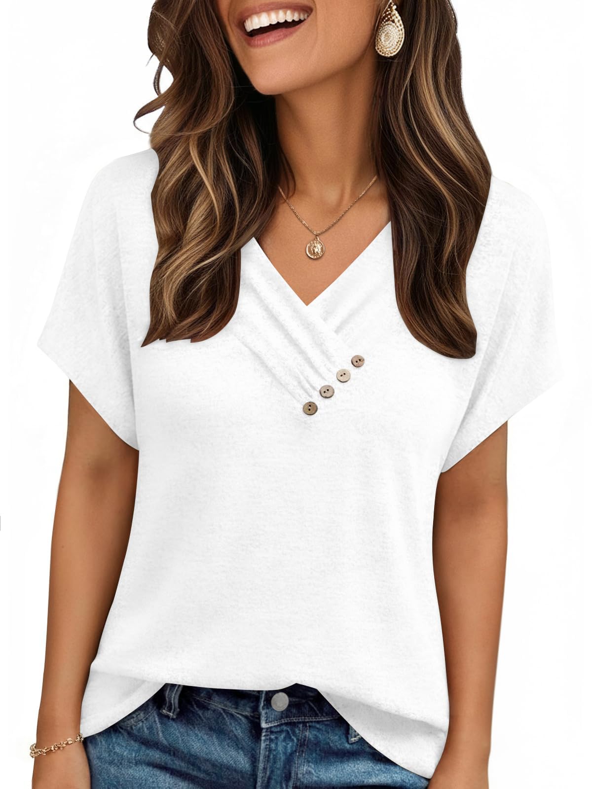 Cuptacc Tshirt Damen V Ausschnitt Knöpfen Locker Casual Kurzarm Oberteil | V-Ausschnitt,Flügelärmel,Dekorative Knöpfe,Falten,Elegant,Einfarbig,Basic,Lockere Passform,Hautfreundlich Und Sanft