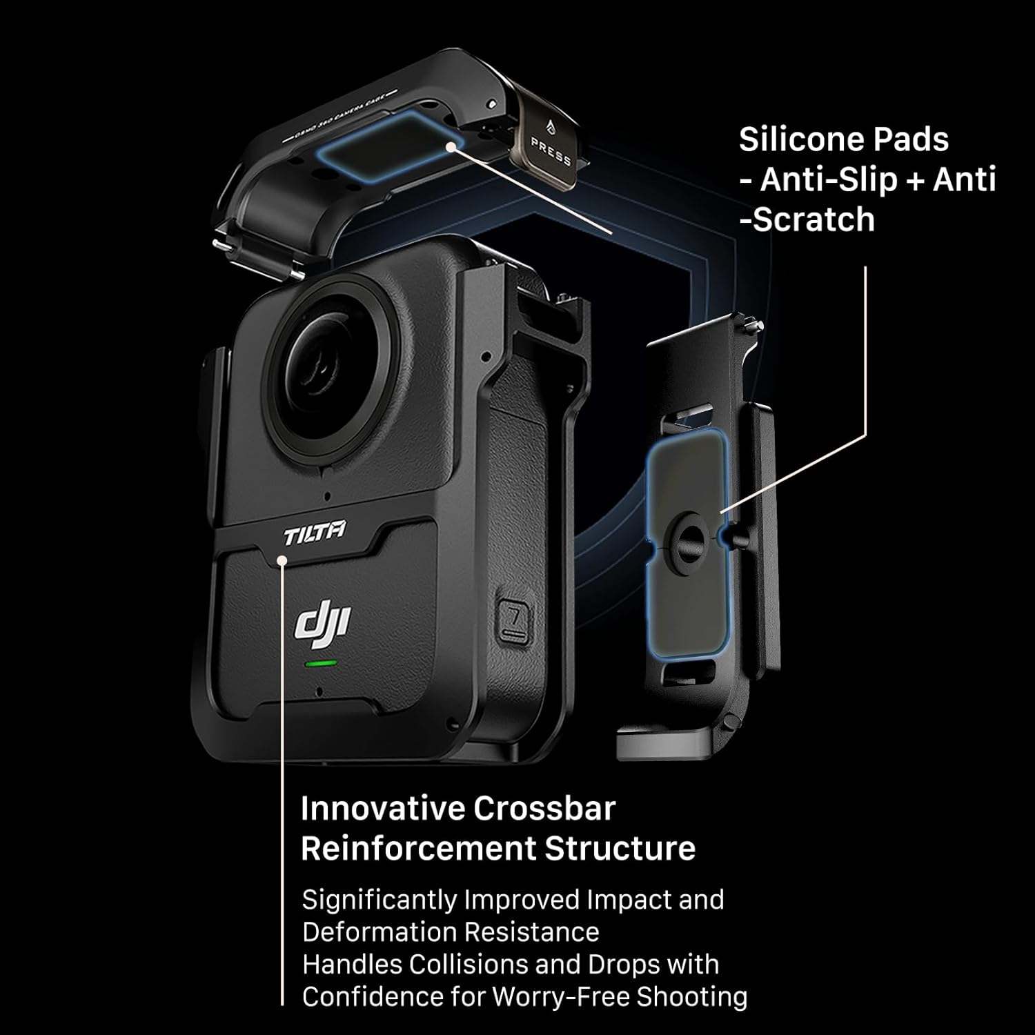 Tilta Camera Cage Horizontal Mounting Kit Compatible with DJI Osmo 360 | Quick Release | 1/4"-20 Mounts | Cold Shoe & Strap Slot | Lightweight Magnesium Alloy Frame – Black - Image 7