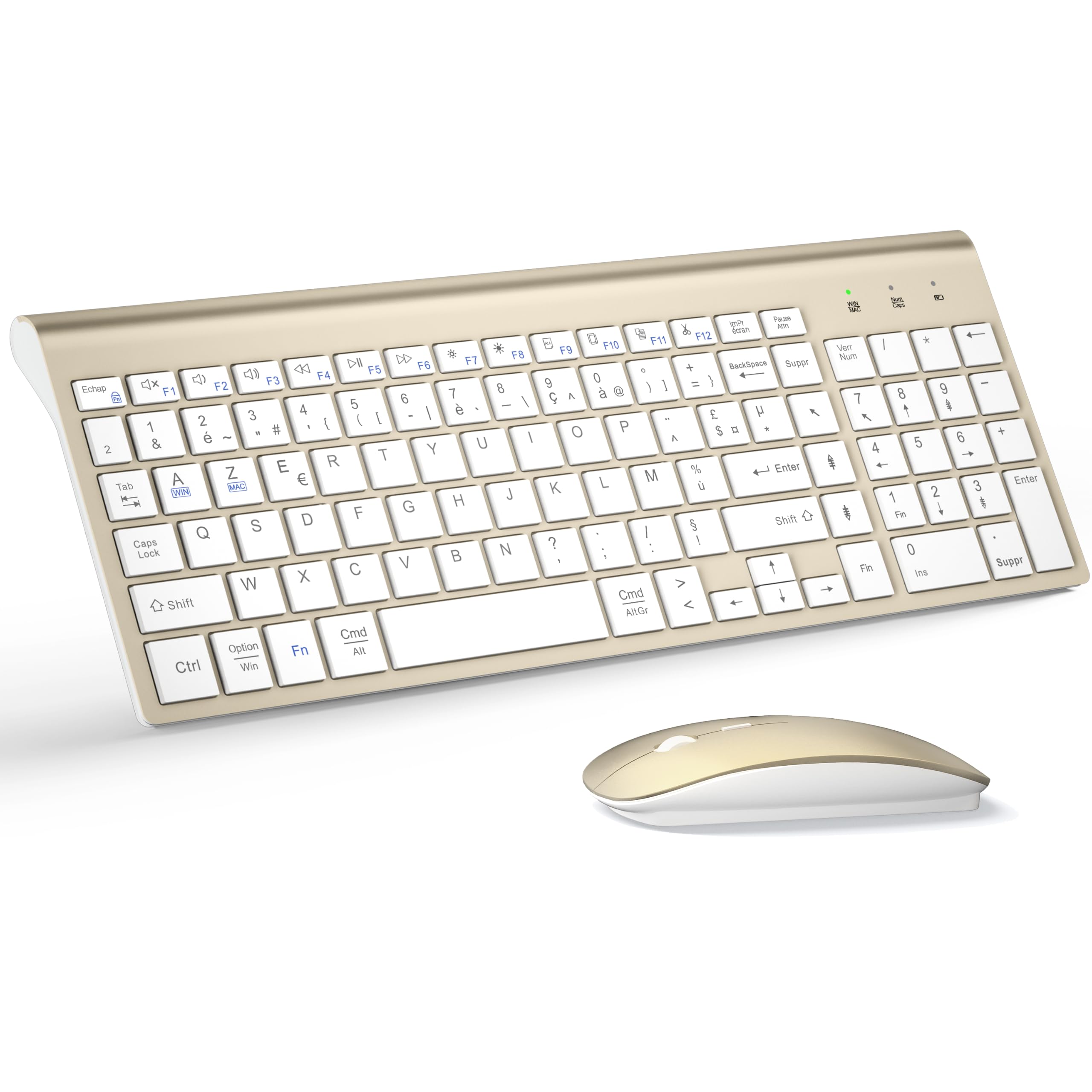 Combo Clavier Souris sans Fil Ultra Fin avec Double Système - Blanc Doré