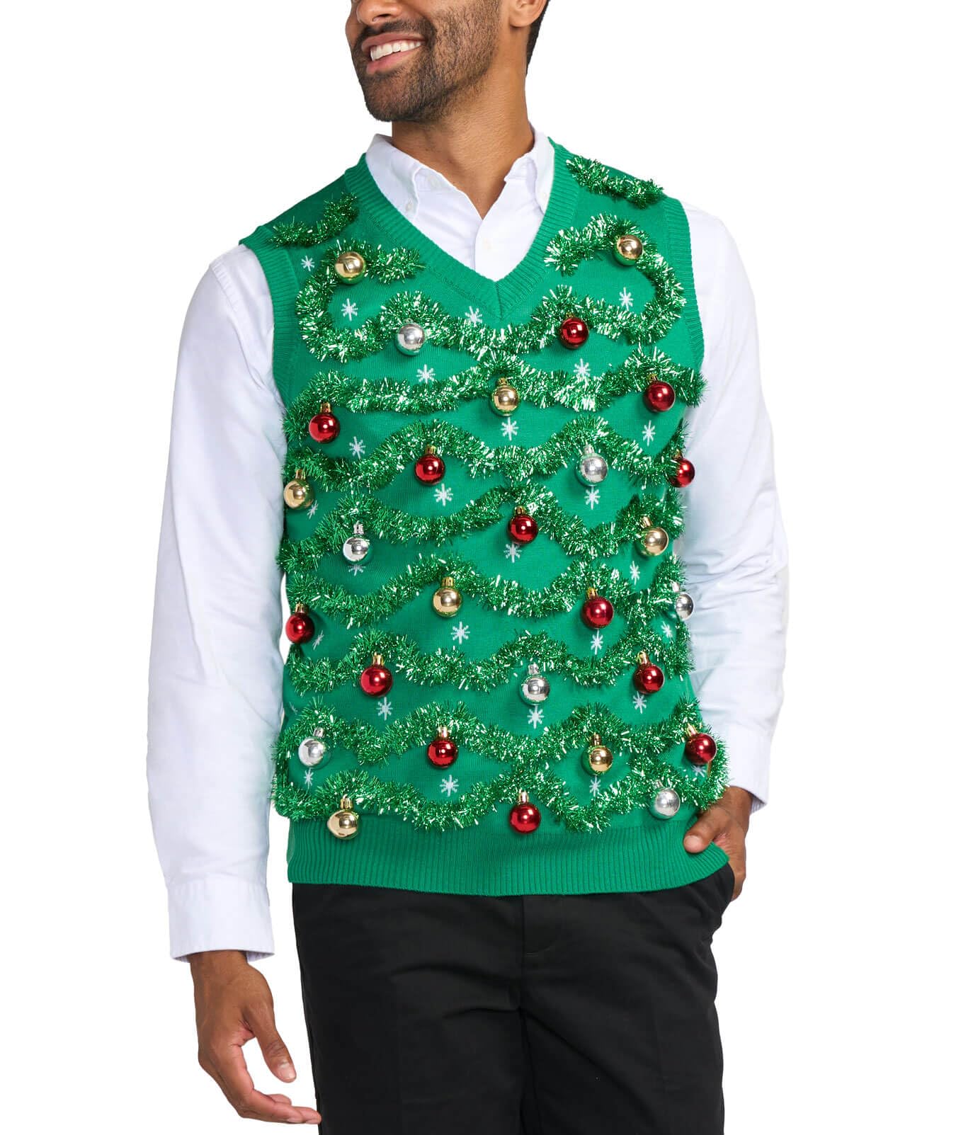 tipsy elves Men's Ornament and Garland Ugly Christmas Sweater - Green and Red Funny Tacky Tinsel Christmas Sweater-picture-29