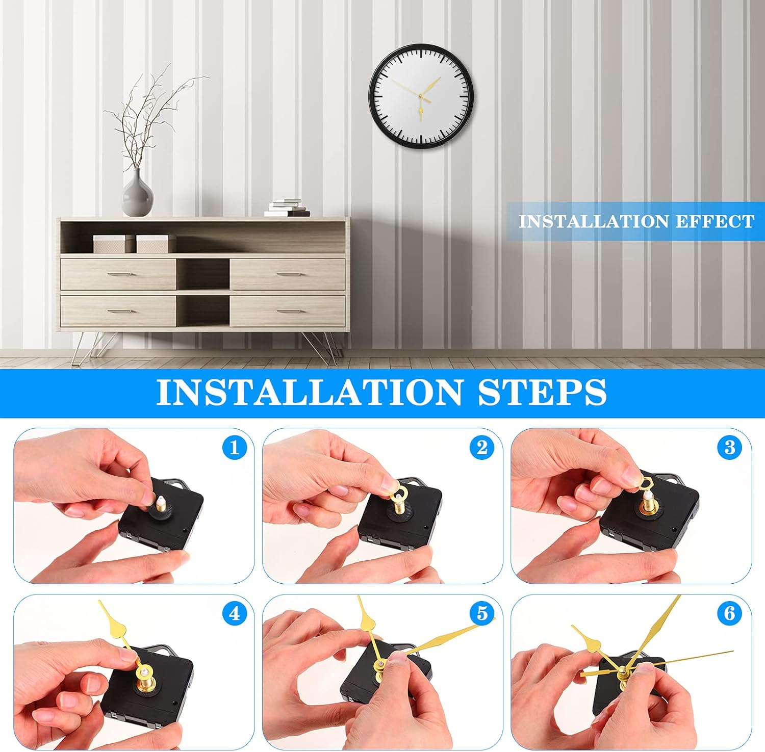 DOITOOL Silence Quartz Clock Movement Silent Mechanism Long Shaft Replacement Kits Wall Clock Movements Mechanism Parts No Battery (Gold), Thread Shaft Length 11 mm (55/128 inch)