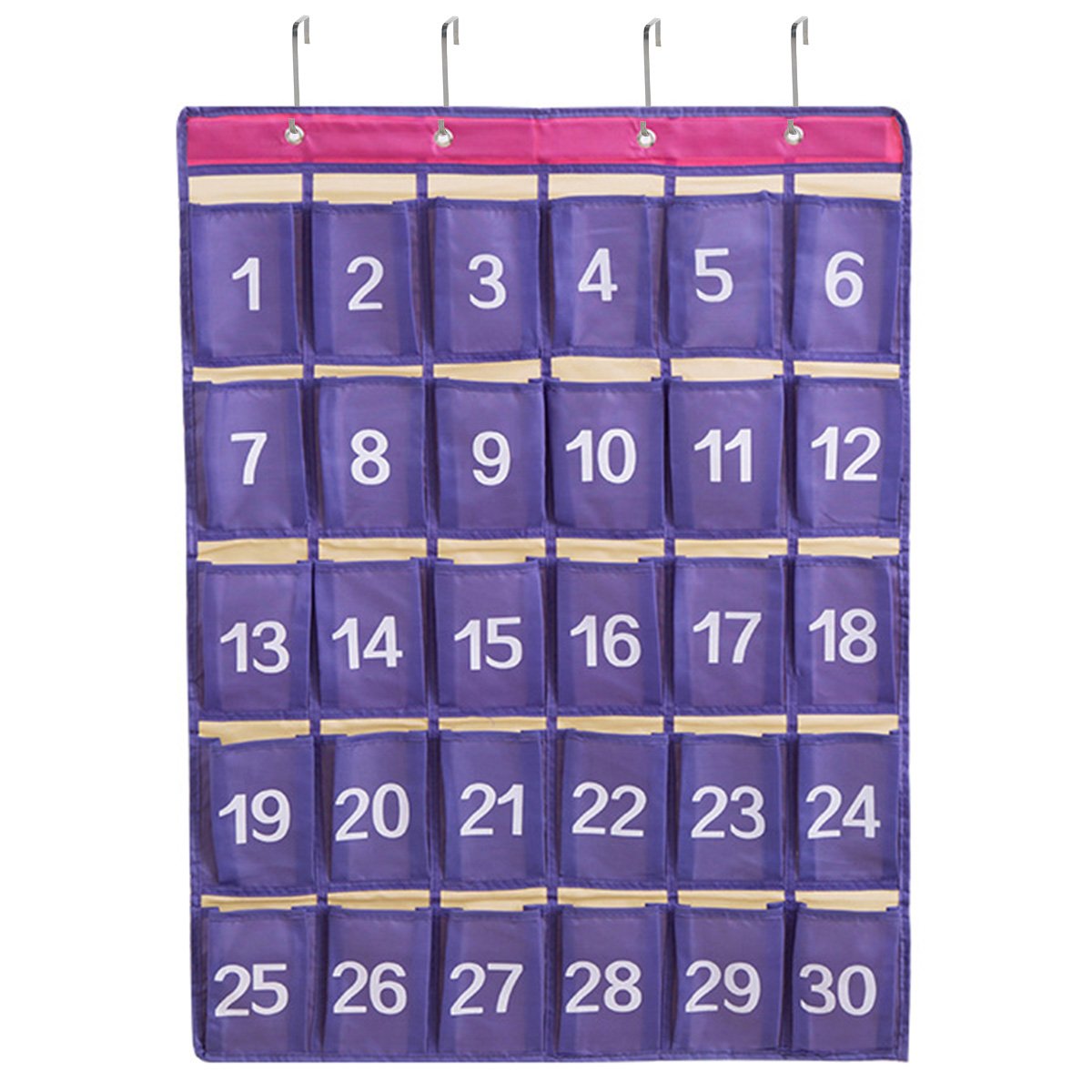 Numbered Classroom Pocket Chart for Cell Phone and Calculator,30 Pockets Wall and Door Hanger Storage Organizer,Purple