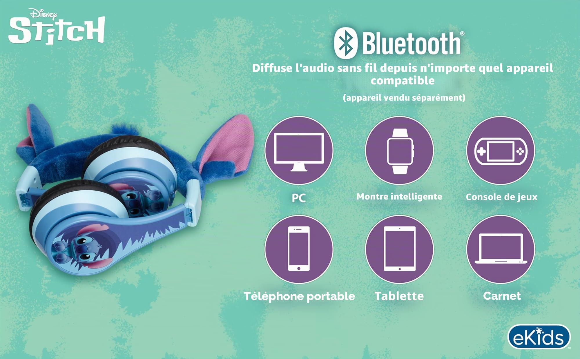 eKids Disney Stitch Casque Bluetooth sans Fil avec Microphone avec Cordon auxiliaire, Volume réduit pour Enfants, pour l'école, la Maison ou Les Voyages