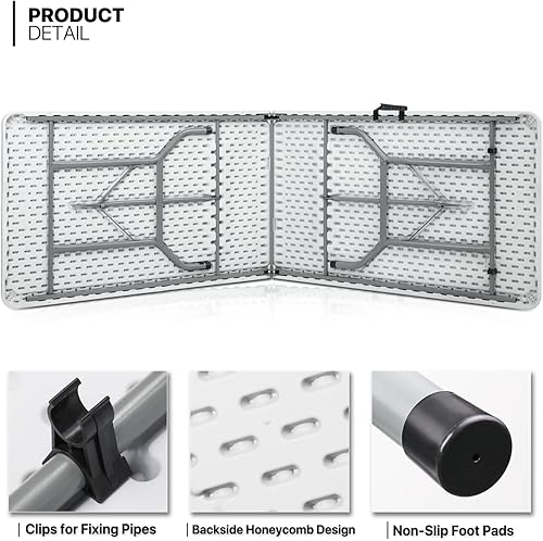 Vista 27 de MoNiBloom Mesa plegable de 6 pies, mesas de comedor de plástico portátiles resistentes plegables por la mitad, escritorio para interiores y Negro