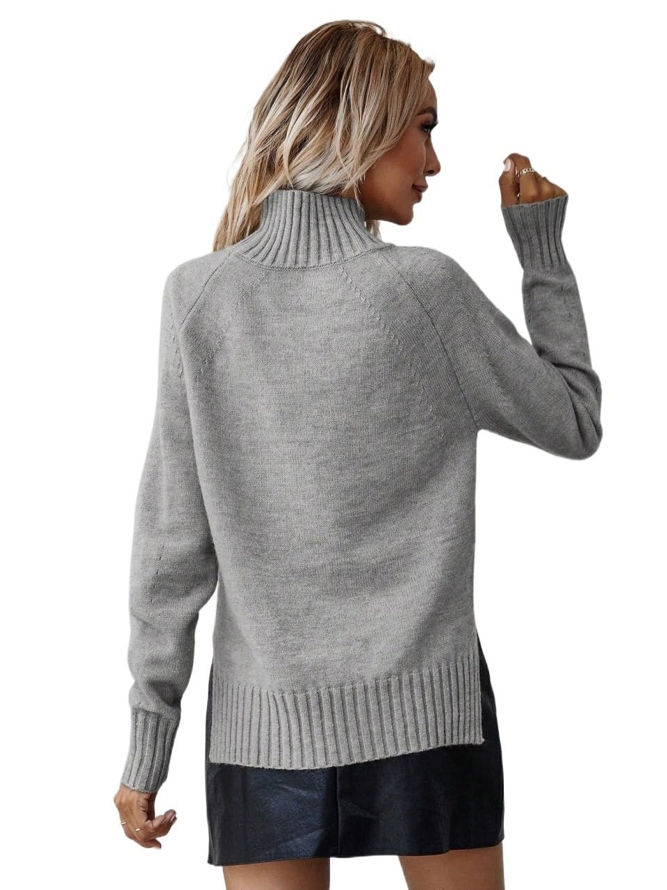 ADIDU fall sweaters for women 2023 Long Sleeve High Neck Raglan Sleeve Slit Hem Sweater