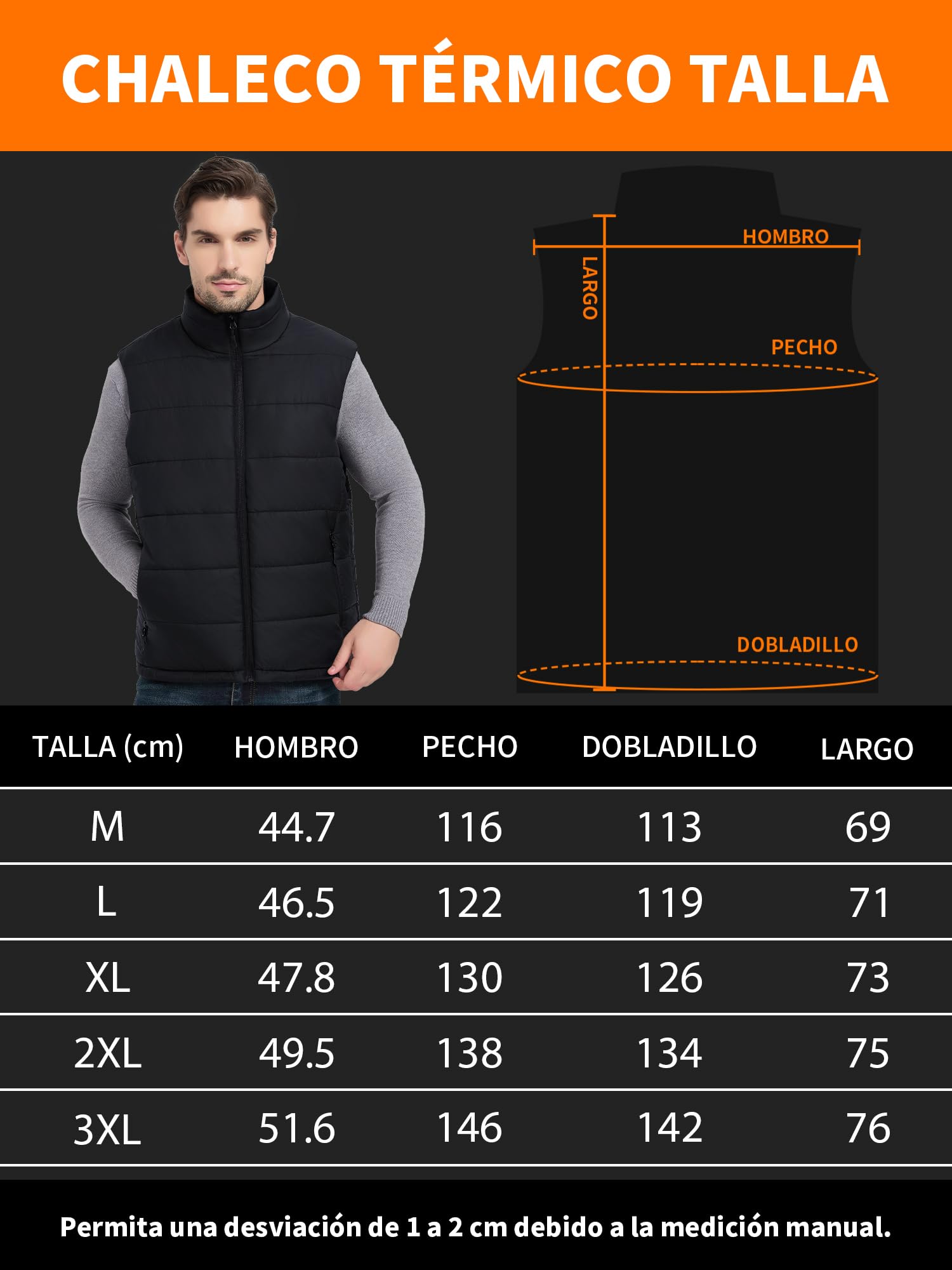 Chaleco Calefactable Hombre Mujer con Batería 7.4V 18400mAh, Chaleco Térmico Eléctrico con 10 Zonas de Calor y 3 Niveles Ajustables, Chaqueta Calefactable para Ciclismo, Esquí y Pesca