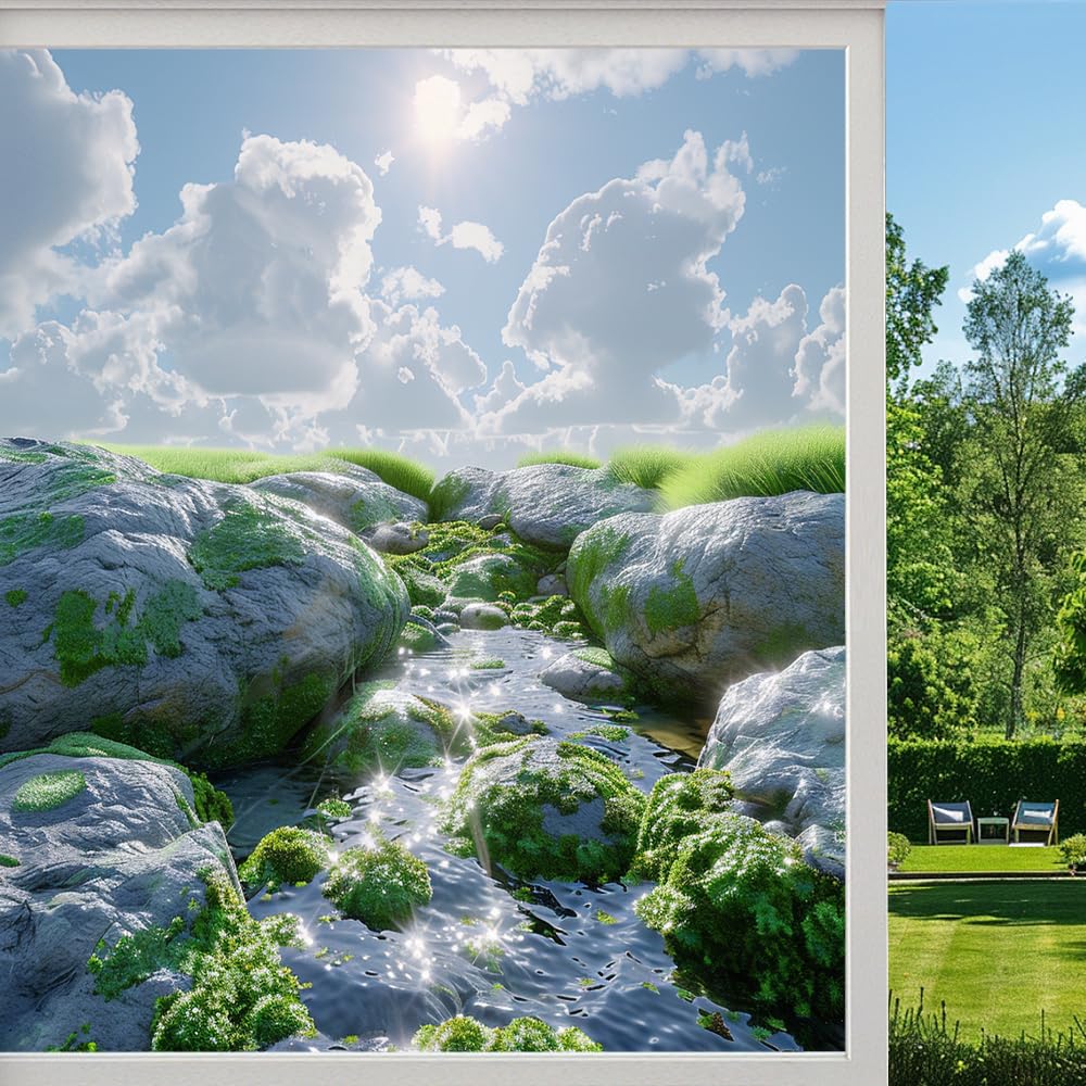 Sunlight Moss Rocks Privacy Window Film, Nature River Stream Nature Frosted Self-Adhesive Vinyl Cling for Glass Doors Bathroom Windows Sun Blocking Heat Control, （80x120cm）