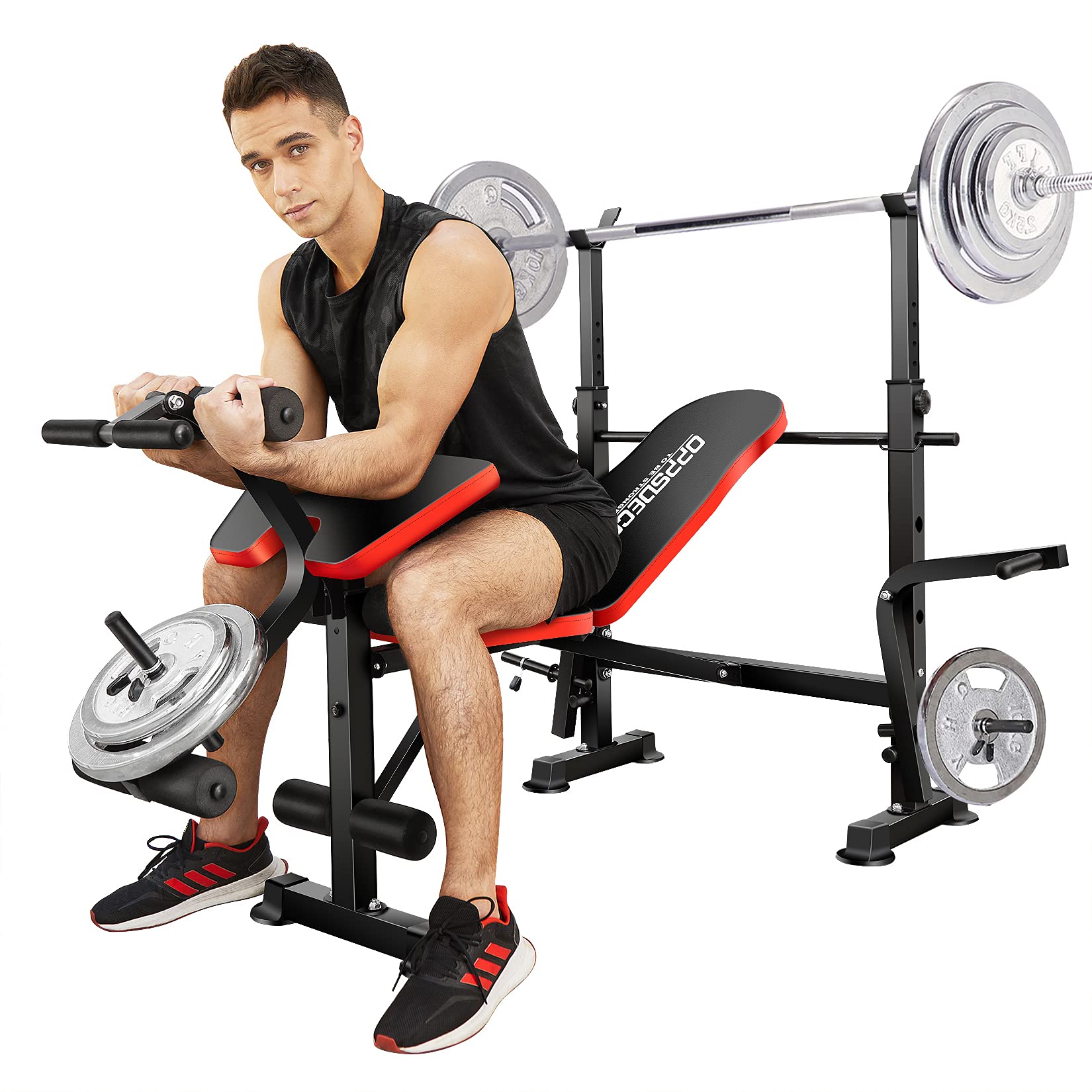 Hicient Olympic Weight Bench with Preacher Curl & Leg Developer for Weight Lifting and Strength Training, 6 Levels Adjustable Professional Weight Bench Set for Indoor Exercise (Scarlet)