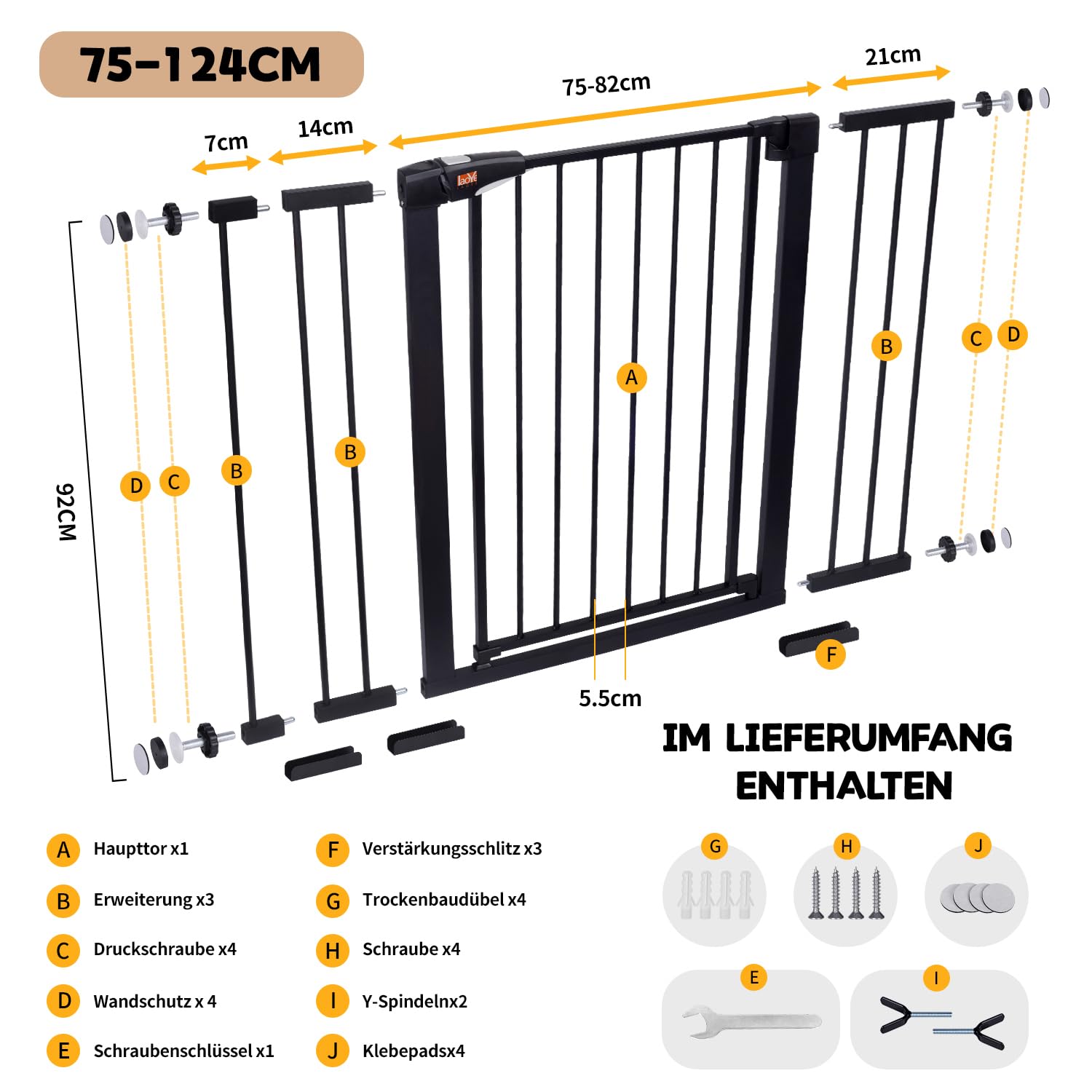 LAOYE Treppenschutzgitter ohne Bohren, Extra Hoch 92 cm, 75-124 cm, mit 3 Verlängerungen, Auto-Close & 90° Stopp - Schwarz