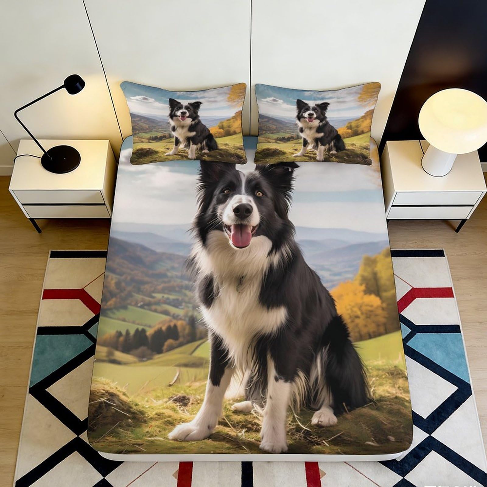 Pnayamiorkfel Style-9 3D Printed Border Collie Landscape Fitted Sheet Microfiber Non-Slip Bed Cover For Bedroom Guest Room Easy Care 90X200x25cm