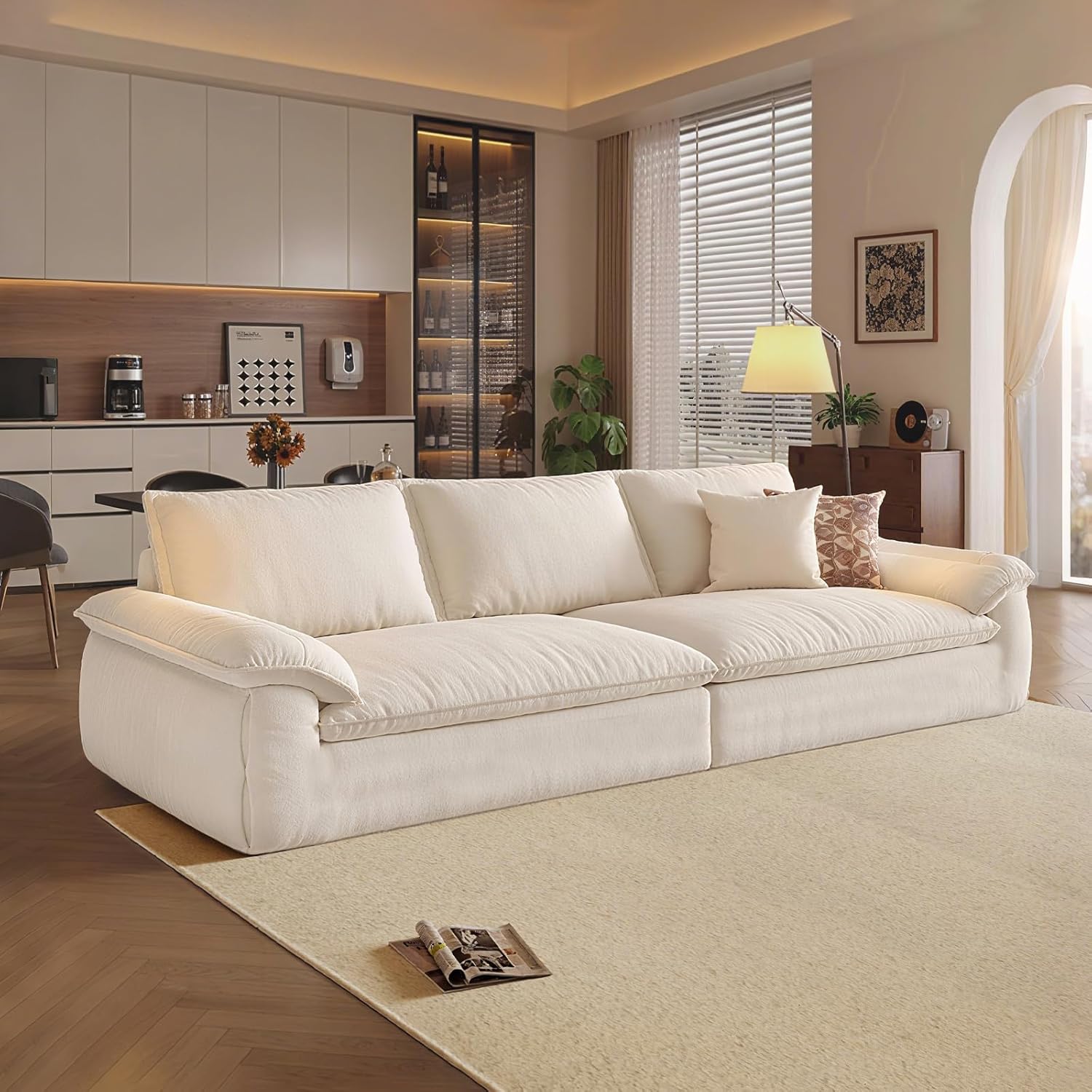 Modern Oversized Sofa, Cream White Corduroy, Extra Deep Plush Cushions, Contemporary Living Room Couch, Capacity Extra Deep Seat