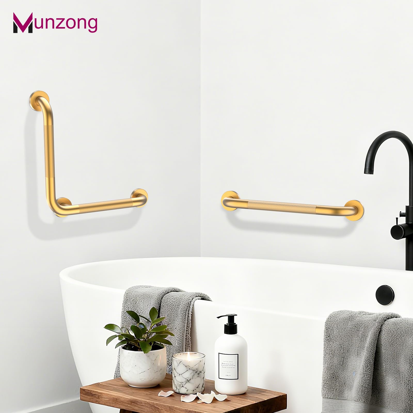 Munzong - Barras de agarre doradas para bañeras y duchas, barra de agarre en ángulo de 16 pulgadas, mango de seguridad estriado de acero inoxidable antideslizante para personas mayores